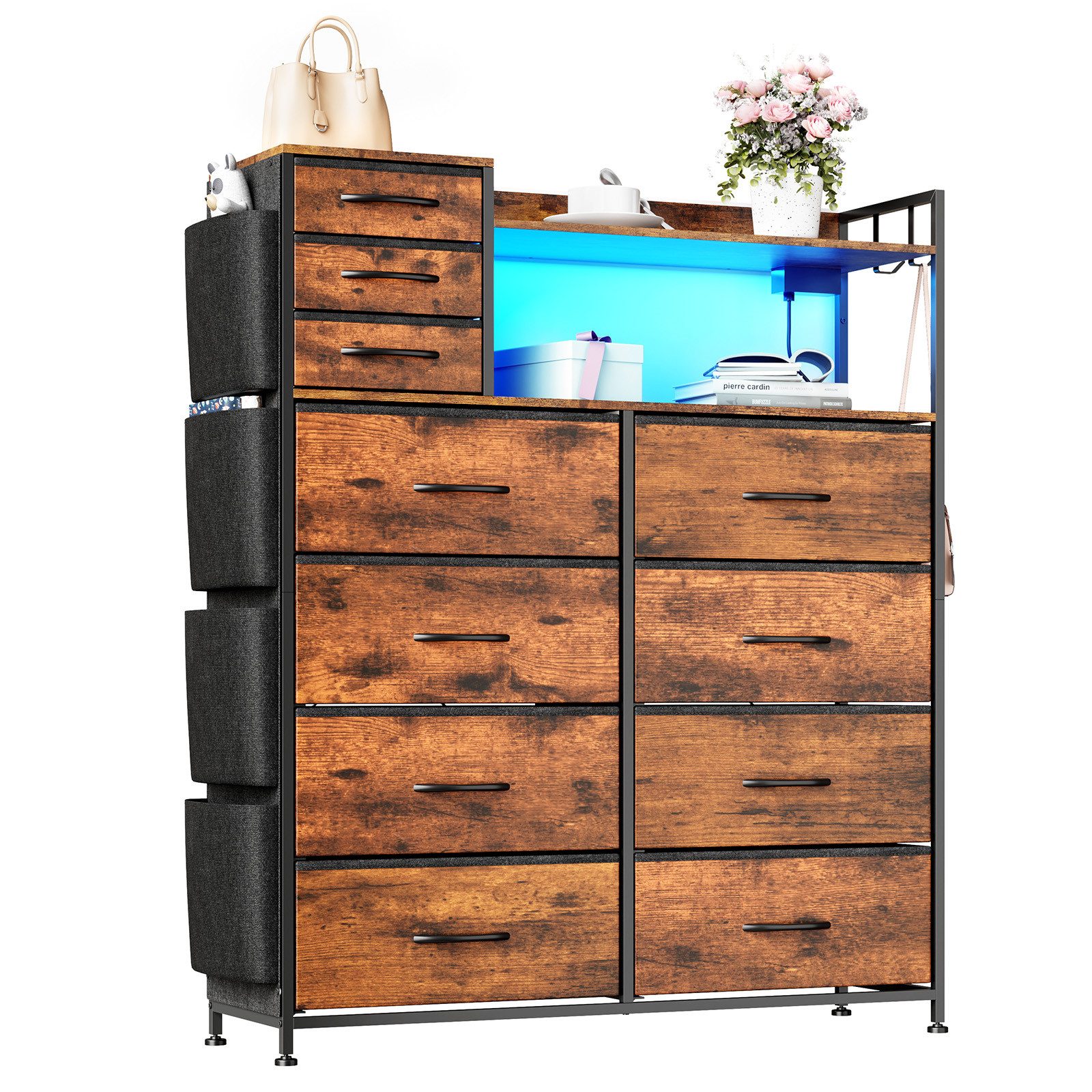 GarveeMore Kommode Highboard Kombikommode Schubkastenkommode mit 8+3 Stoffschubladen (1 St), Hochkommode mit 4 Seitenfächer, USB-Anschluss, LED, Haken und Regale