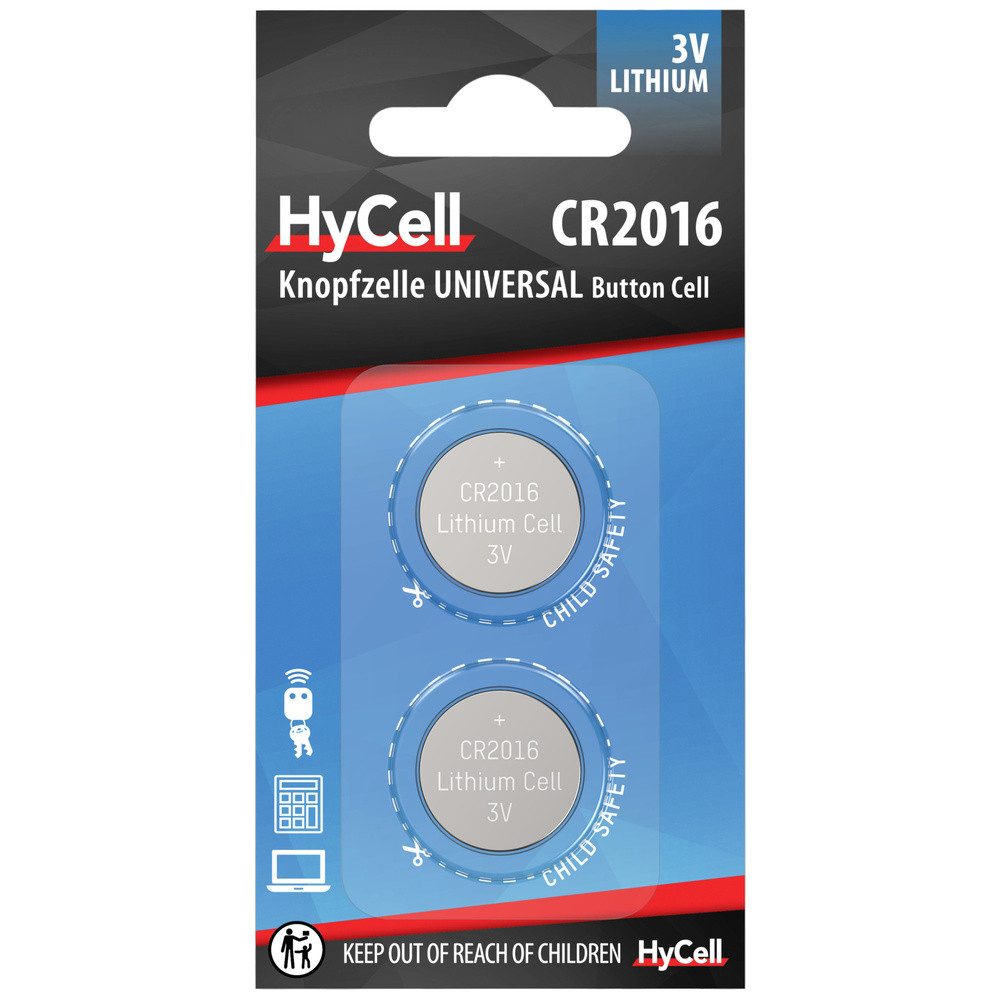 HyCell HyCell Knopfzelle CR 2016 3 V 2 St. 70 mAh Lithium CR 2016 Knopfzelle, (3.00 V)