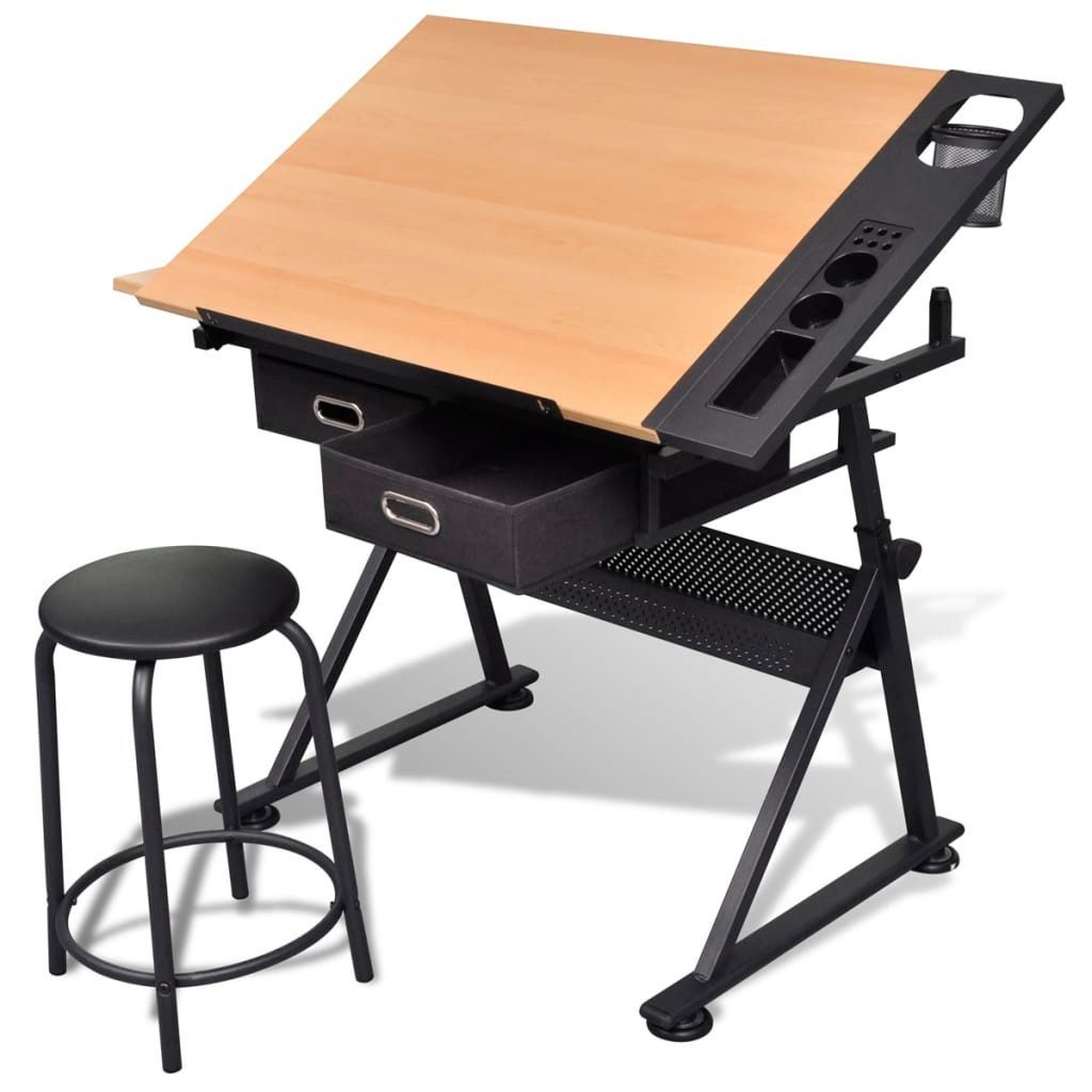 Schreibtisch Zeichentisch mit neigbarer Tischplatte 2 Schubladen und Hocker