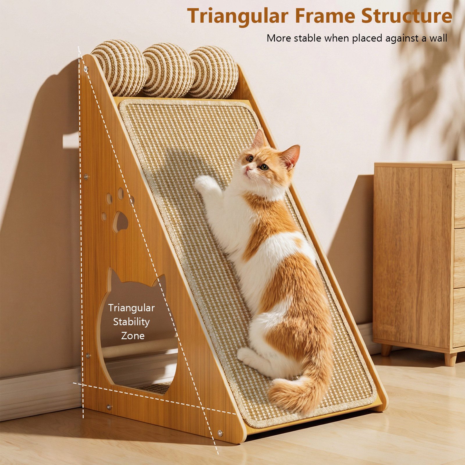 BlingBin Kratzbrett Kratzpappe aus massivem Buchenholz mit 3 Sisal Spielbälle, (1er Set, 1-tlg., mit 3 Sisal Ball), Kratzpappe für Katzen, ideal als Kratzbrett Wand oder Kratzmöbel Katze