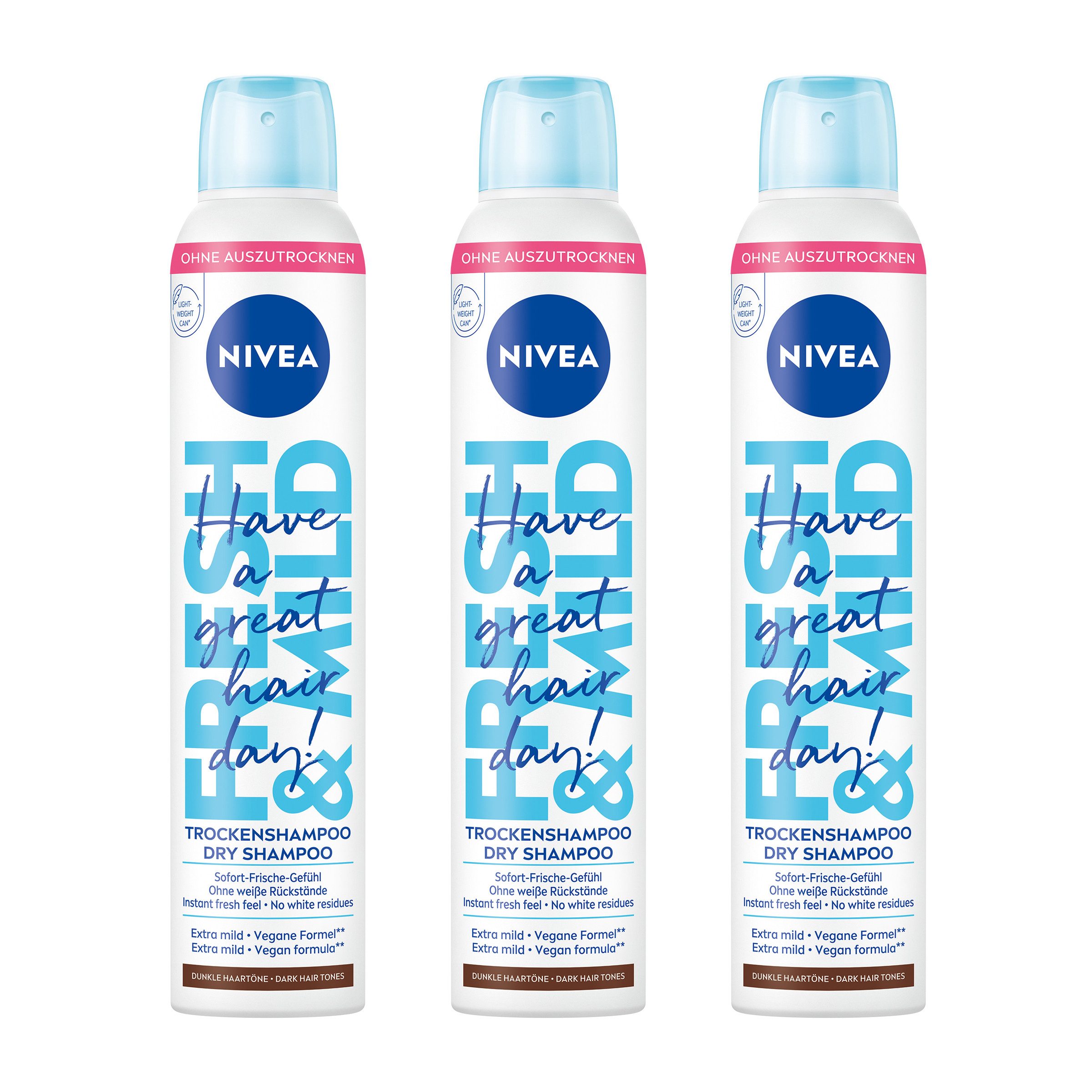 Nivea Trockenshampoo Hair Care Fresh & Mild Dunkle Haartöne mild vegan 3 x 200ml, Packung, 3-tlg., Hinterlässt keine weißen Rückstände und trocknet das Haar nicht aus