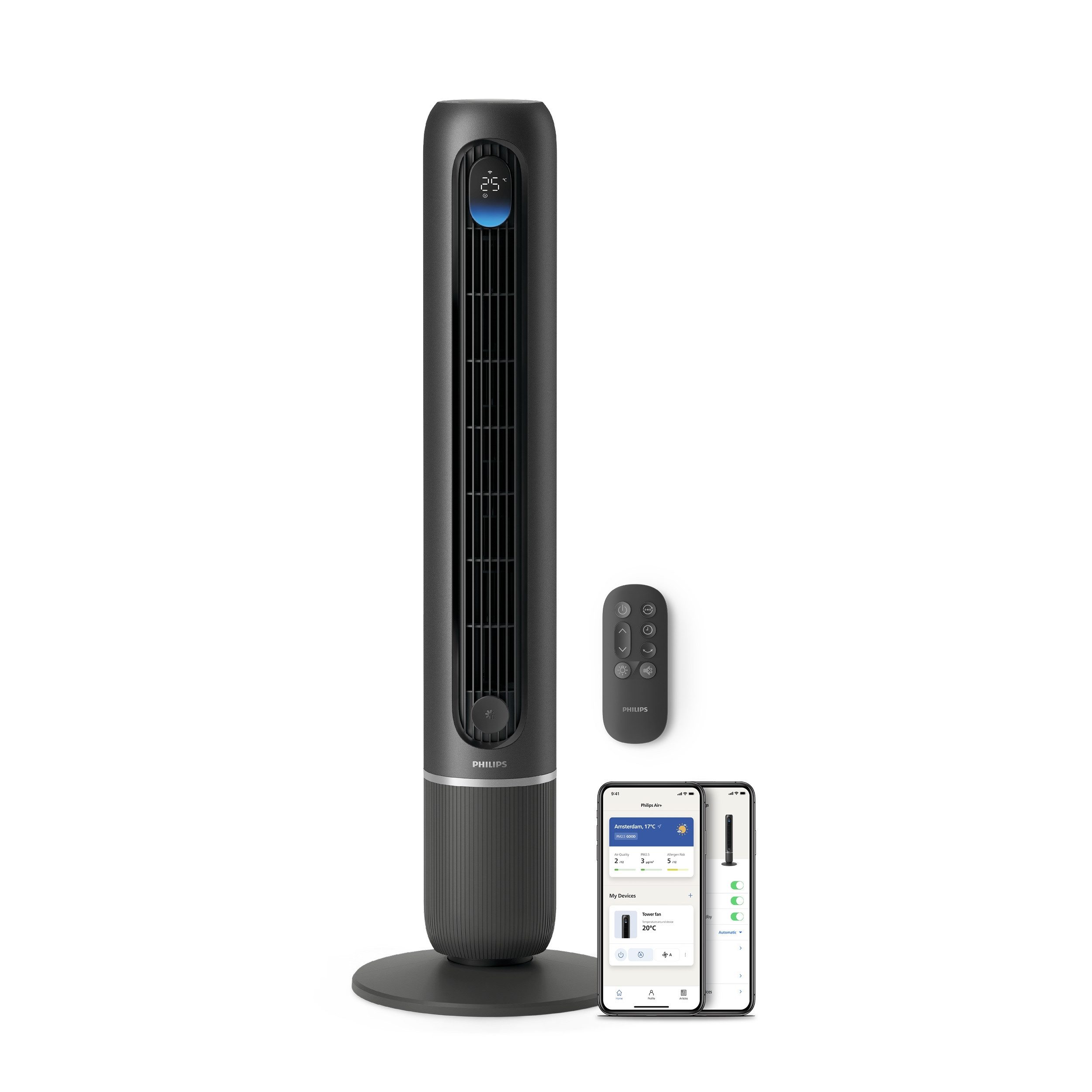 Philips Turmventilator CX7550 Serie 7000 mit 12 Geschwindigkeiten u. Aromatherapie-Zusatz, Oszillierend, besonders leise, mit DC-Motor, Timer u. Fernbedienung