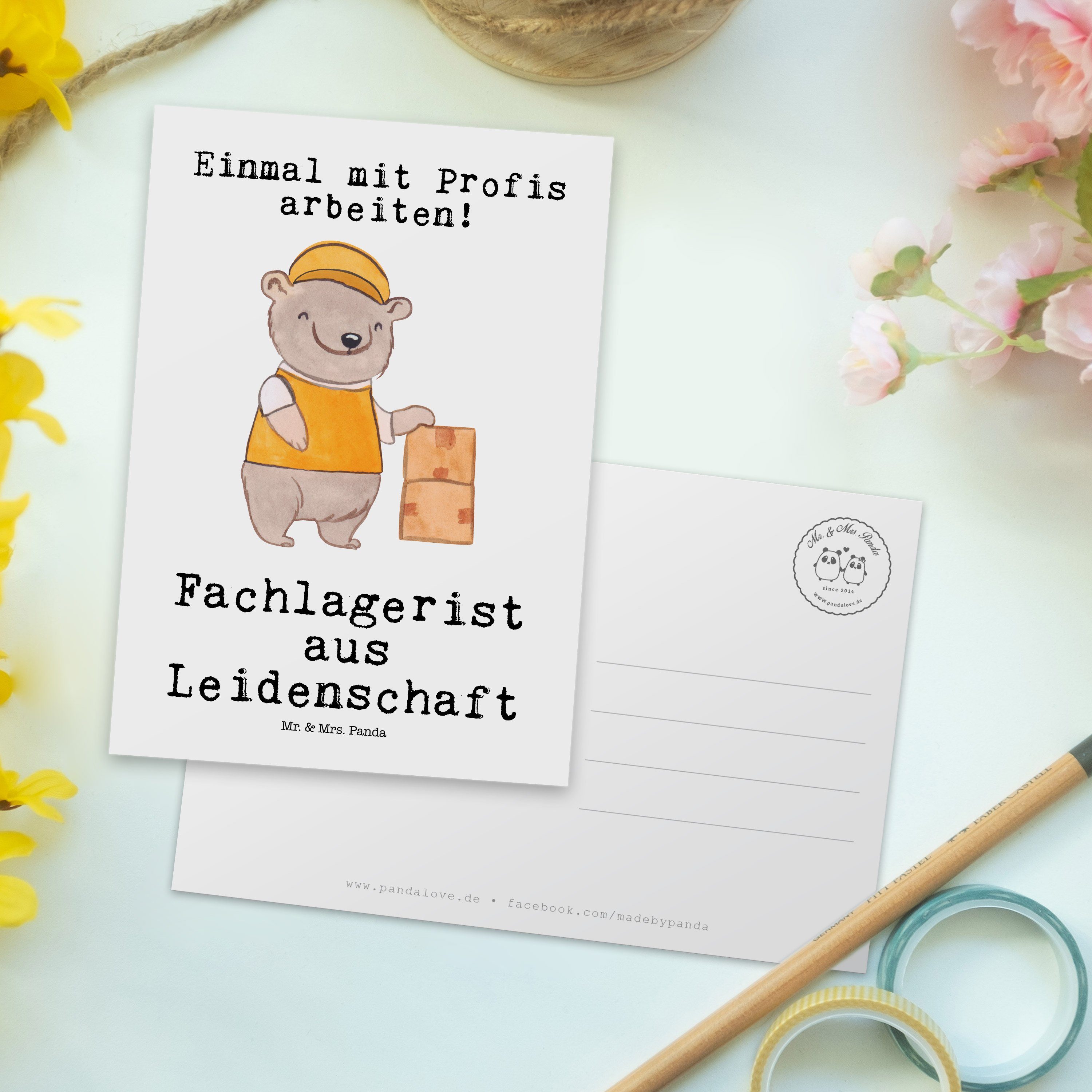 Panda & Fachlagerist aus Geschenk, Weiß Dankeskarte, - Leidenschaft Postkarte Mrs. Ausbild - Mr.