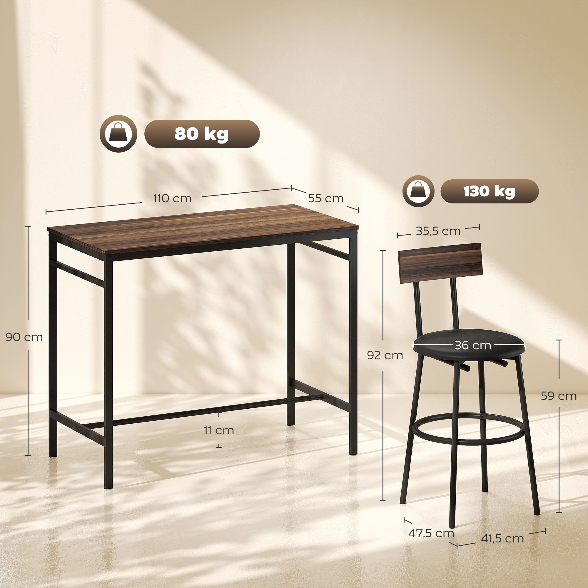HOMCOM Bargruppe Bartisch-Set mit 4 Stühlen, Fußstütze, gepolstert, platzsparend, (Bartisch-Set, 5-tlg., Bartisch mit Barhocker-Set), aus Stahl Industrial Küchentisch für Esszimmer, Küche, Braun