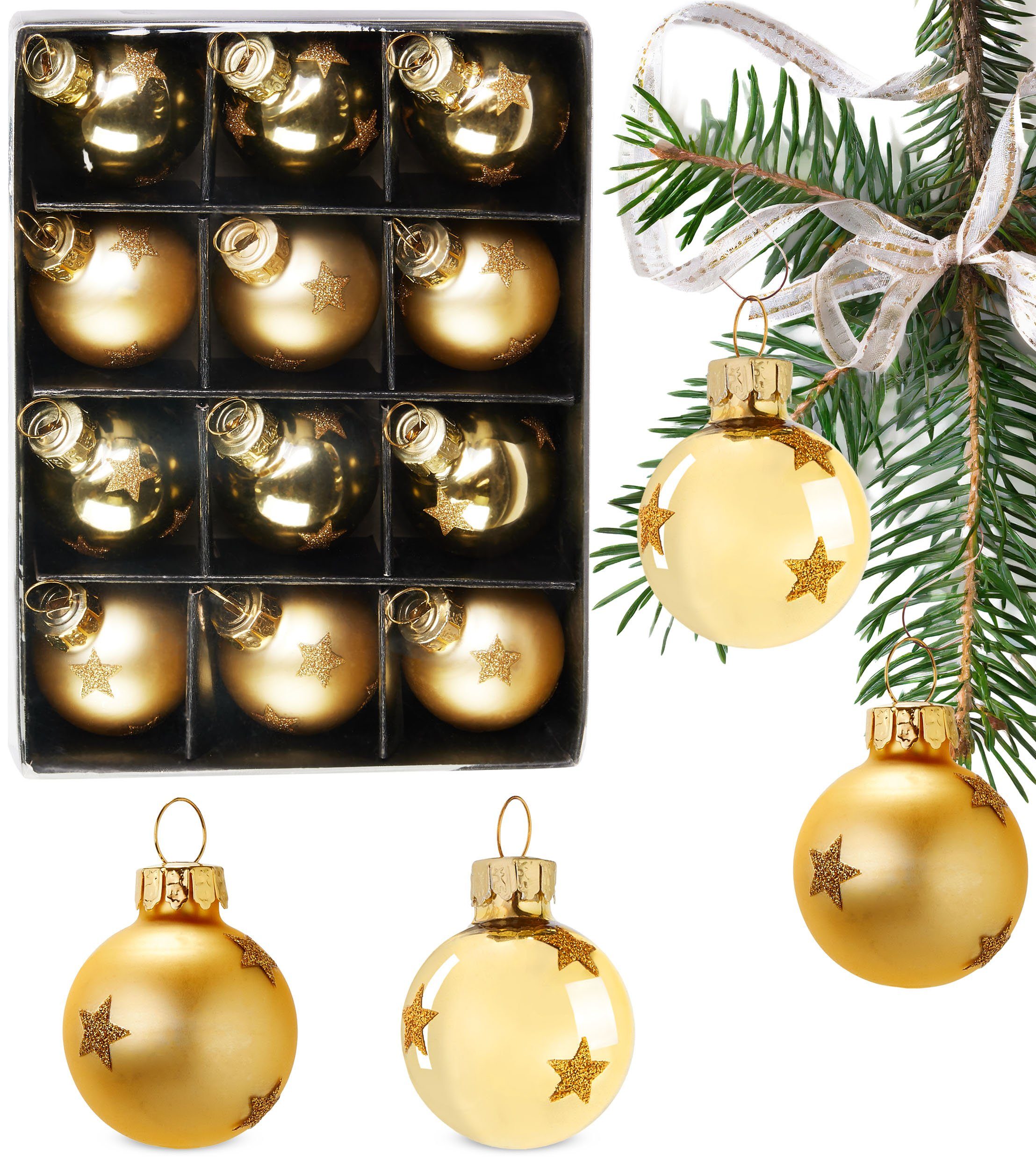 BRUBAKER Weihnachtsbaumkugel Weihnachtskugeln - 3 cm Baumkugel Set - Handbemalter Baumschmuck (12 St), Mini Kugeln mit Glitzer Sternen für Weihnachtsbaum und Weihnachtsdeko Gold