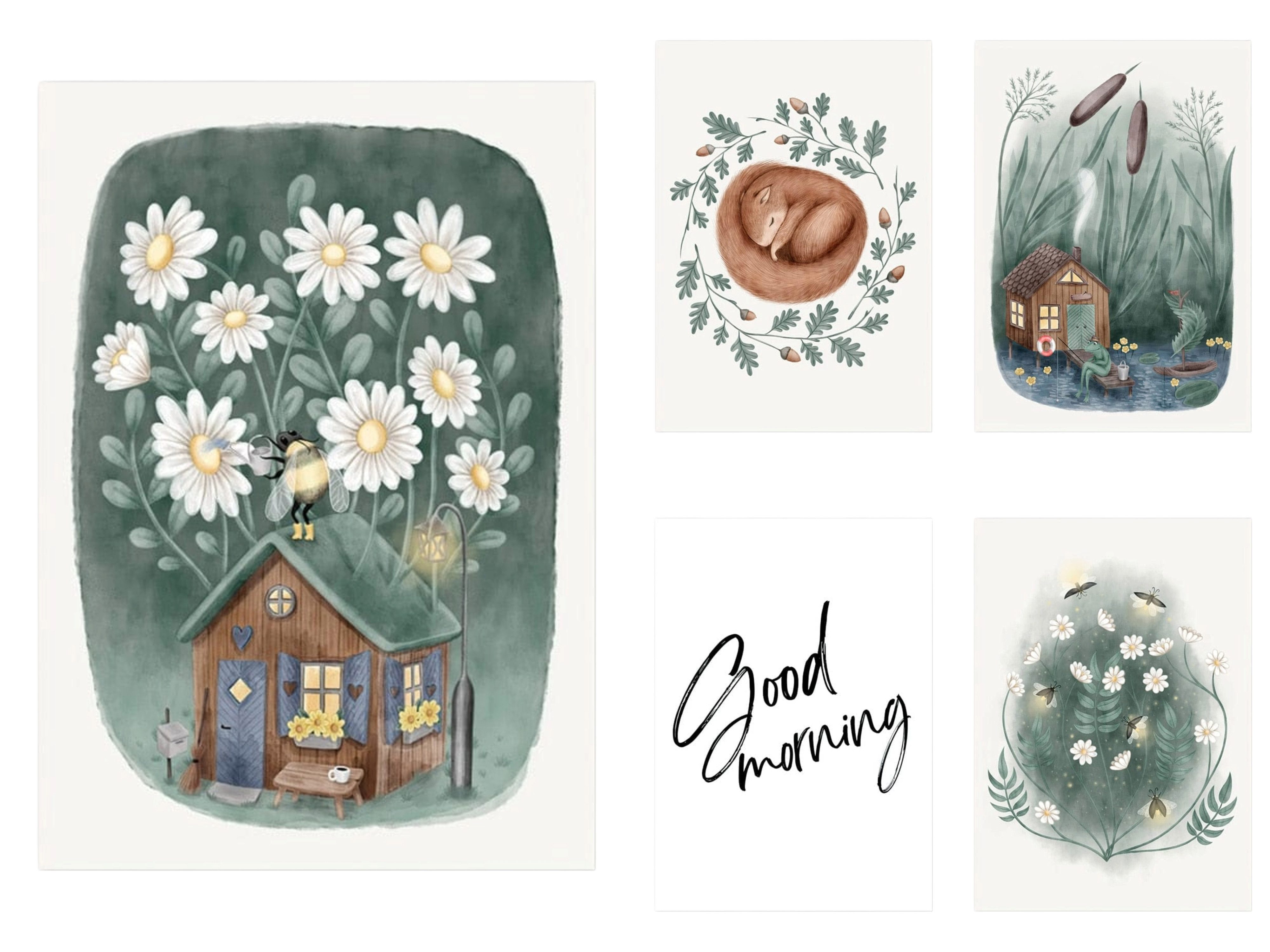 JUSTGOODMOOD Poster Frosch beim Angeln Glühwürmchen Blume schlafendes Eichhörnchen Dekopri, B (1 St)
