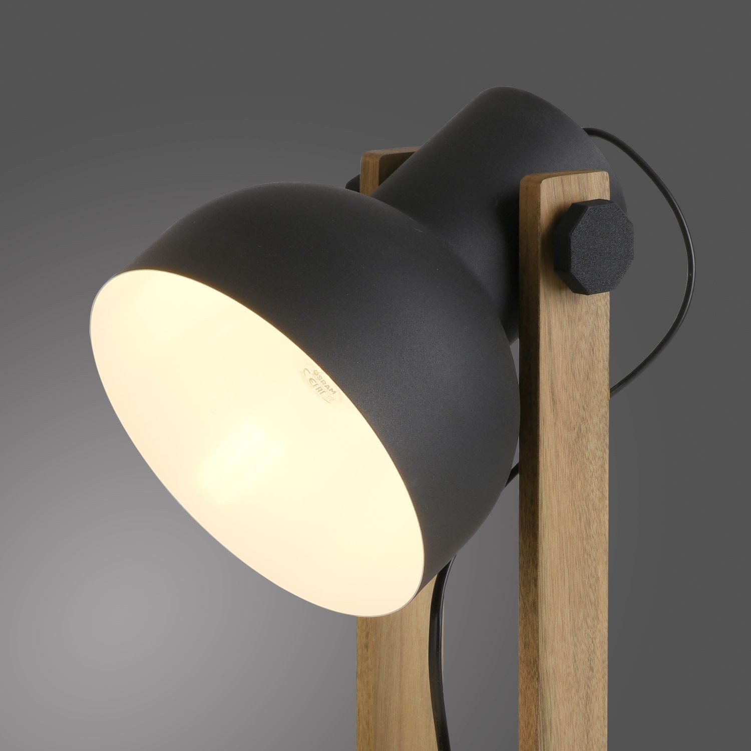 Licht-Erlebnisse Nachttischlampe KORVIC, ohne Leuchtmittel, Holz Eisen E27 45 cm hoch Schwarz Natur Industrie Design