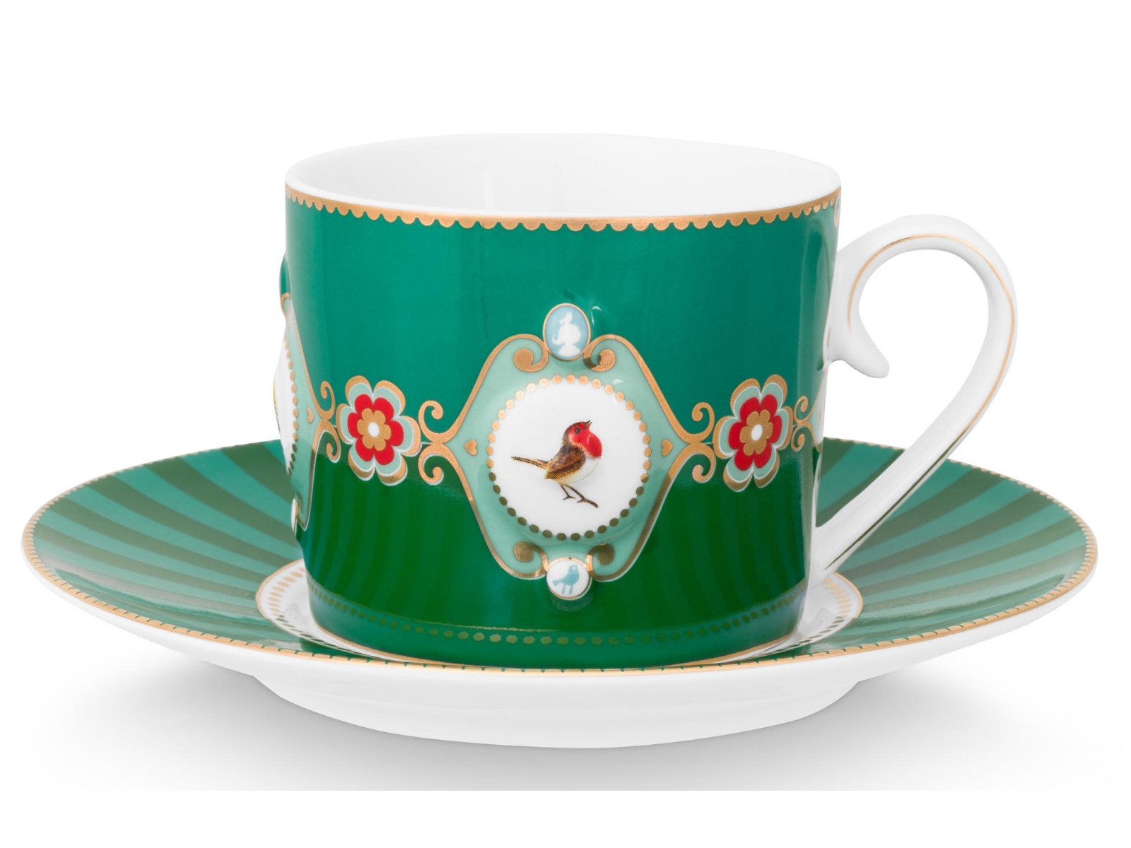 PiP Studio Tasse Love Birds Medallion Emerald-Green Tasse mit Untertasse 0,2l Set2, Porzellan