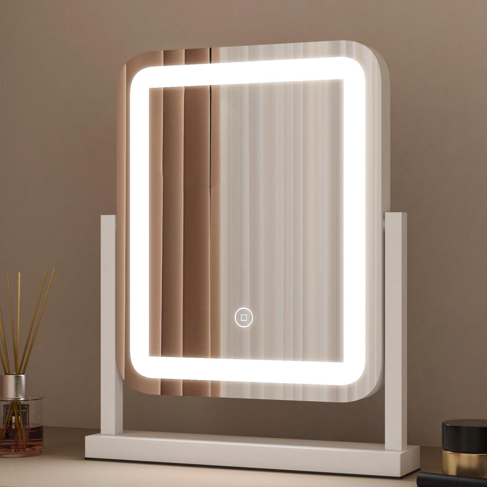 WDWRITTI Schminkspiegel mit Beleuchtung LED Kosmetikspiegel Tischspiegel (3Lichtmodi, Dimmbar, Speicherfunktion, Rechteckig, 31,5 x 10 x 39 cm), mit rutschfeste Pad & Netzadapter