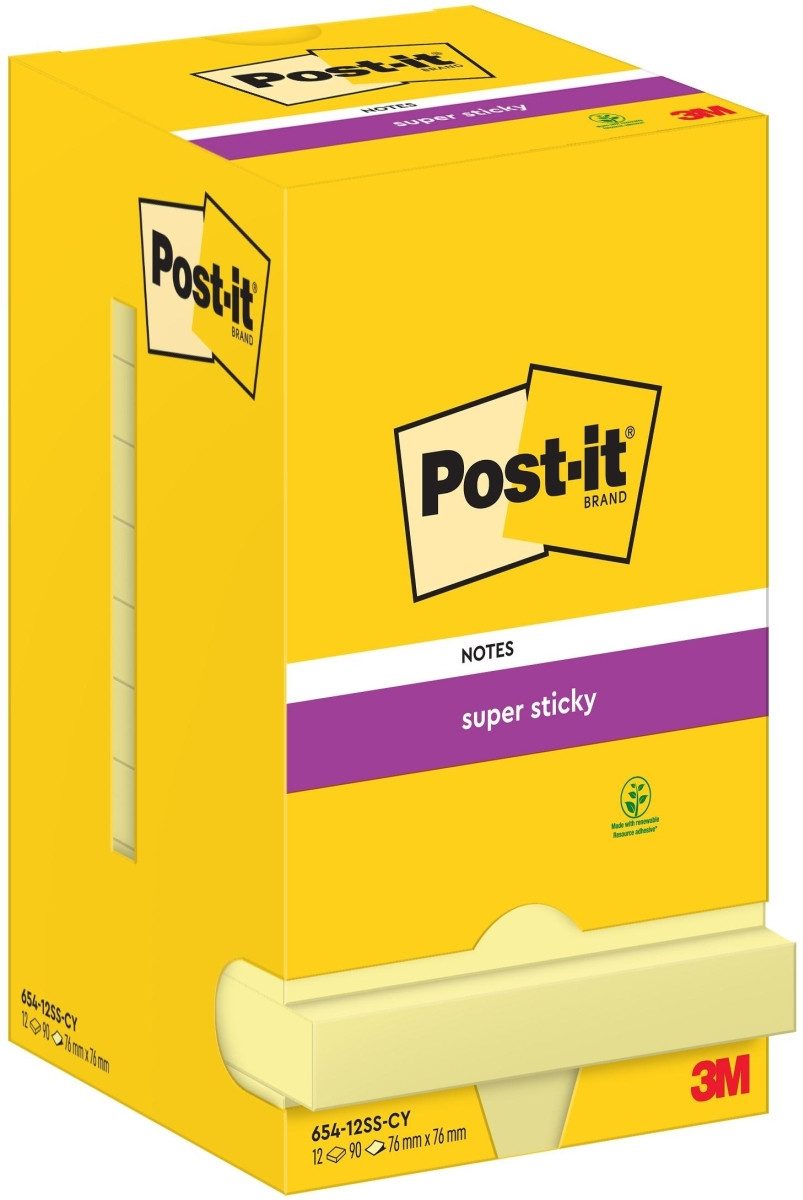 Post-it Notes Haftnotizblock Haftnotiz Super Sticky Notes 76x76mm 90 Blatt gelb VE=12 Blöcke