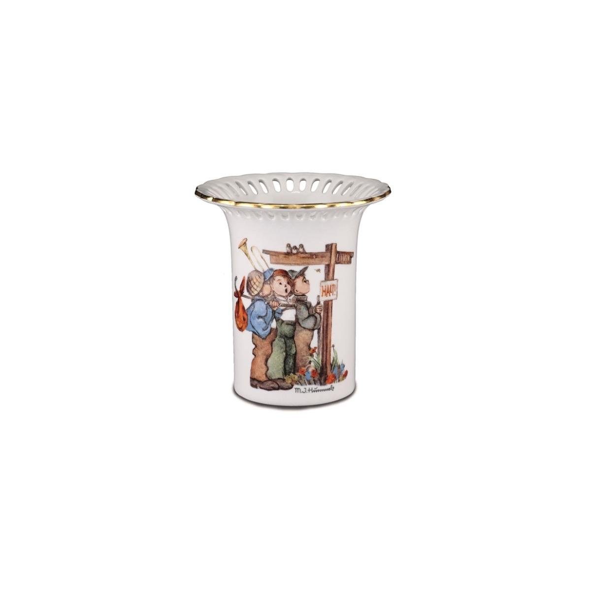 "Wanderfreunde", Miniatur Dekovase Hummel Durchbruchvase Porzellan 025.308/0 Reutter -