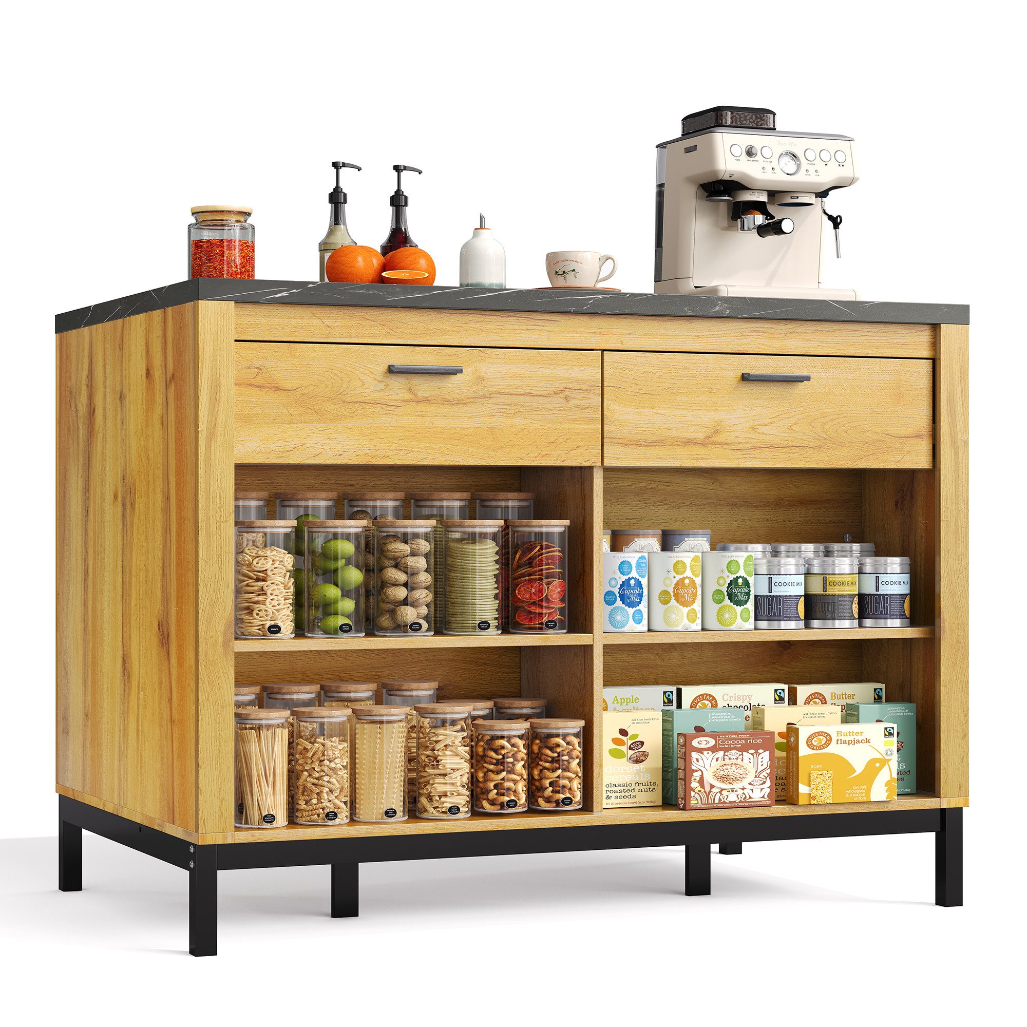 Flieks Kücheninsel mit 2 Schubladen und 4 offenen Fächern im Landhausstil, (Eichenholzmaserung, schwarzer Marmor-Arbeitsplatte), Küchenschrank Küchenbuffet Holzschrank, Metallgestell, 120×75×90cm
