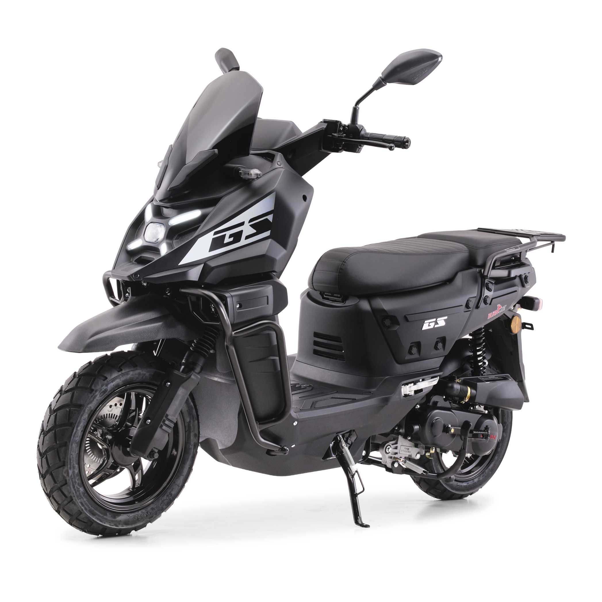 Burnout Motorroller GS-50 Mattschwarz, 50 ccm, 45 km/h, Euro 5, 4-Takt EFI, Sturzbügel, Windschild, LED-Display, USB, Gepäckträger