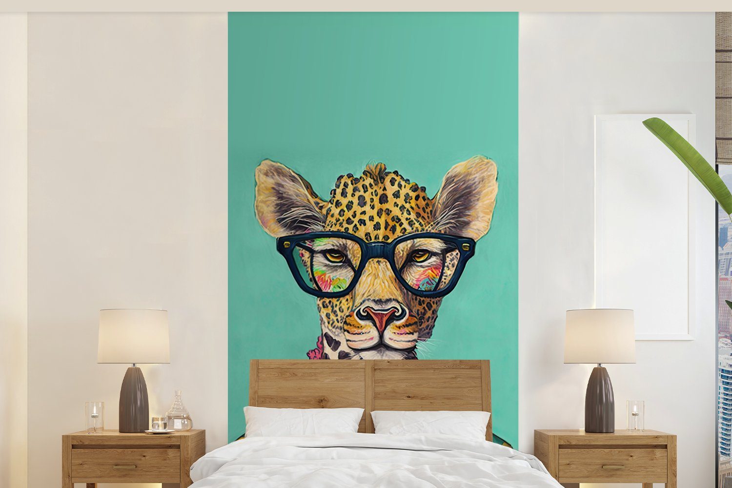 St), Brille - Fototapete Matt, Tiere Design, - bedruckt, Blätter - (2 für Wohnzimmer MuchoWow Schlafzimmer Giraffe - Küche, Fototapete Vliestapete