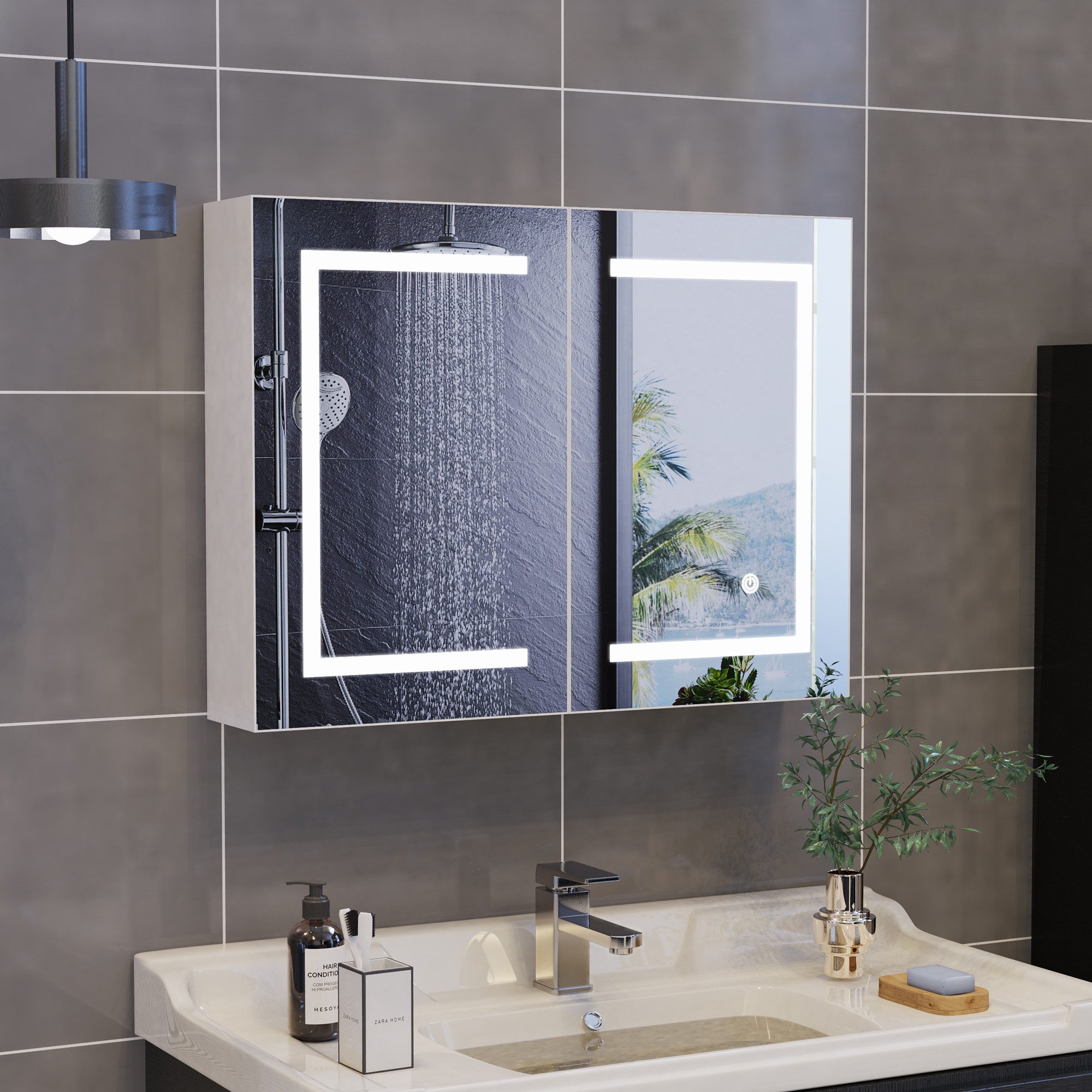 zebery Spiegelschrank Badezimmerschrank mit LED-Beleuchtung (Set, 1-St., Badezimmerspiegelschrank mit Spiegel und 2 Türen) Wandschrank mit 3 Ablage, Touchschalter, 60 x 80 x 14 cm