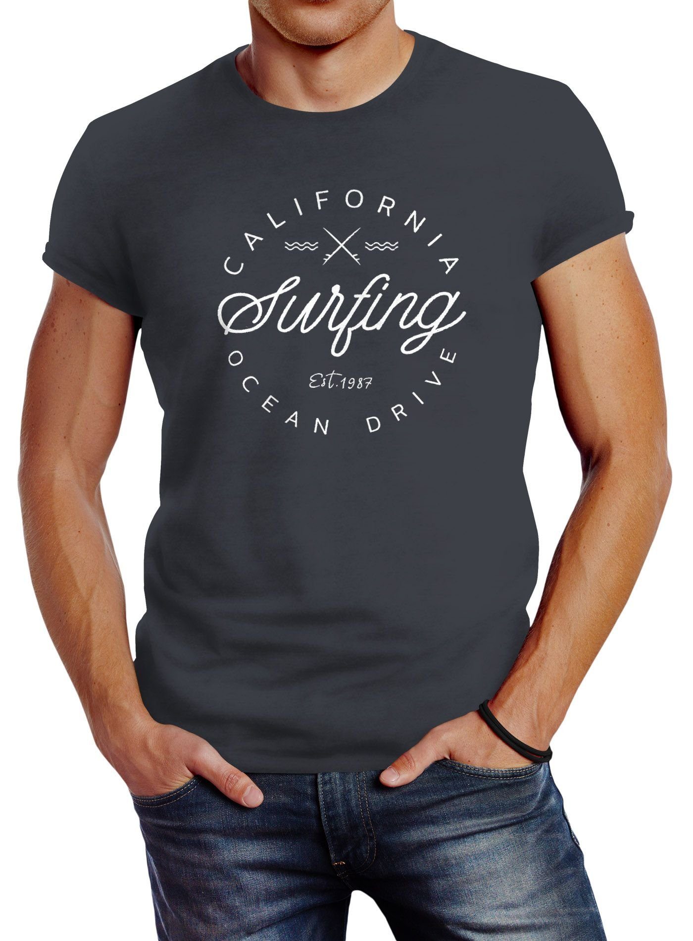Neverless Print-Shirt Herren T-Shirt California Surfing Ocean Drive Summer  Slim Fit Neverless® mit Print
