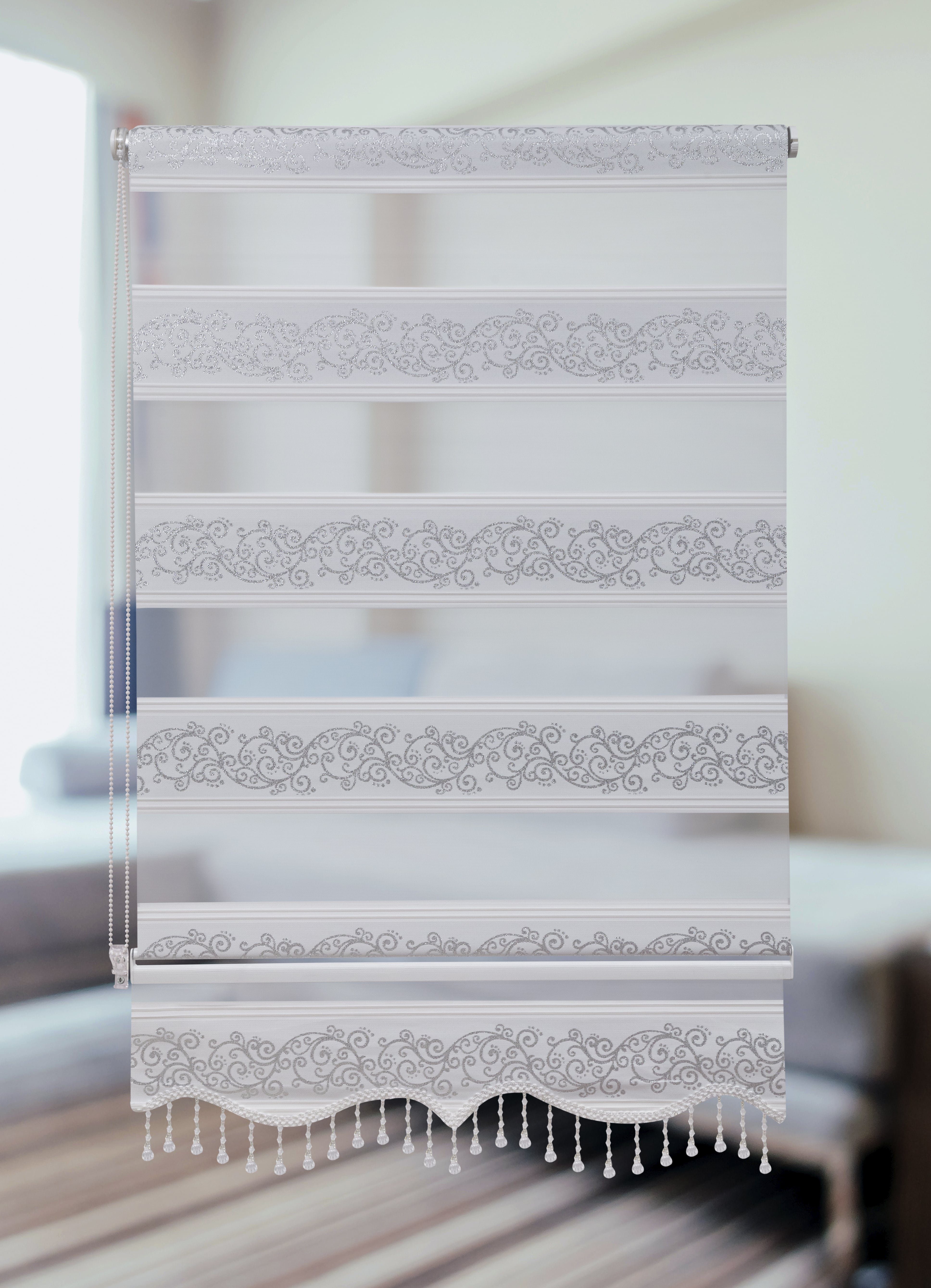 Doppelrollo Doppelrollo Klemmfix ohne Bohren weiß Silber Rankenmuster mit P günstig online kaufen
