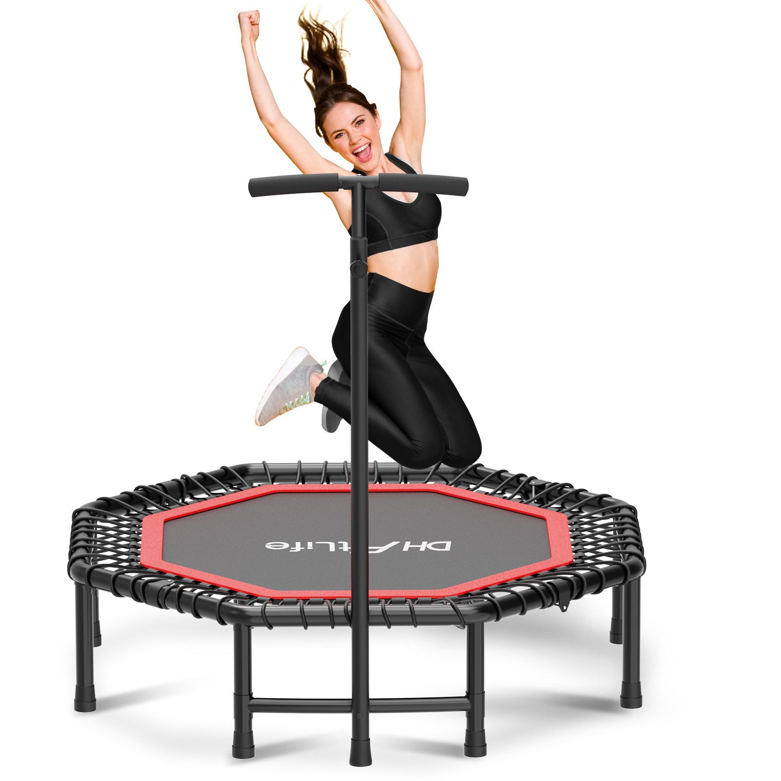 DH FitLife Fitnesstrampolin Indoor klappbar Ø 121 cm, 150 kg belastbar, Ø 121 cm, 3-fach verstellbarer Handgriff, stabil & geräuscharm