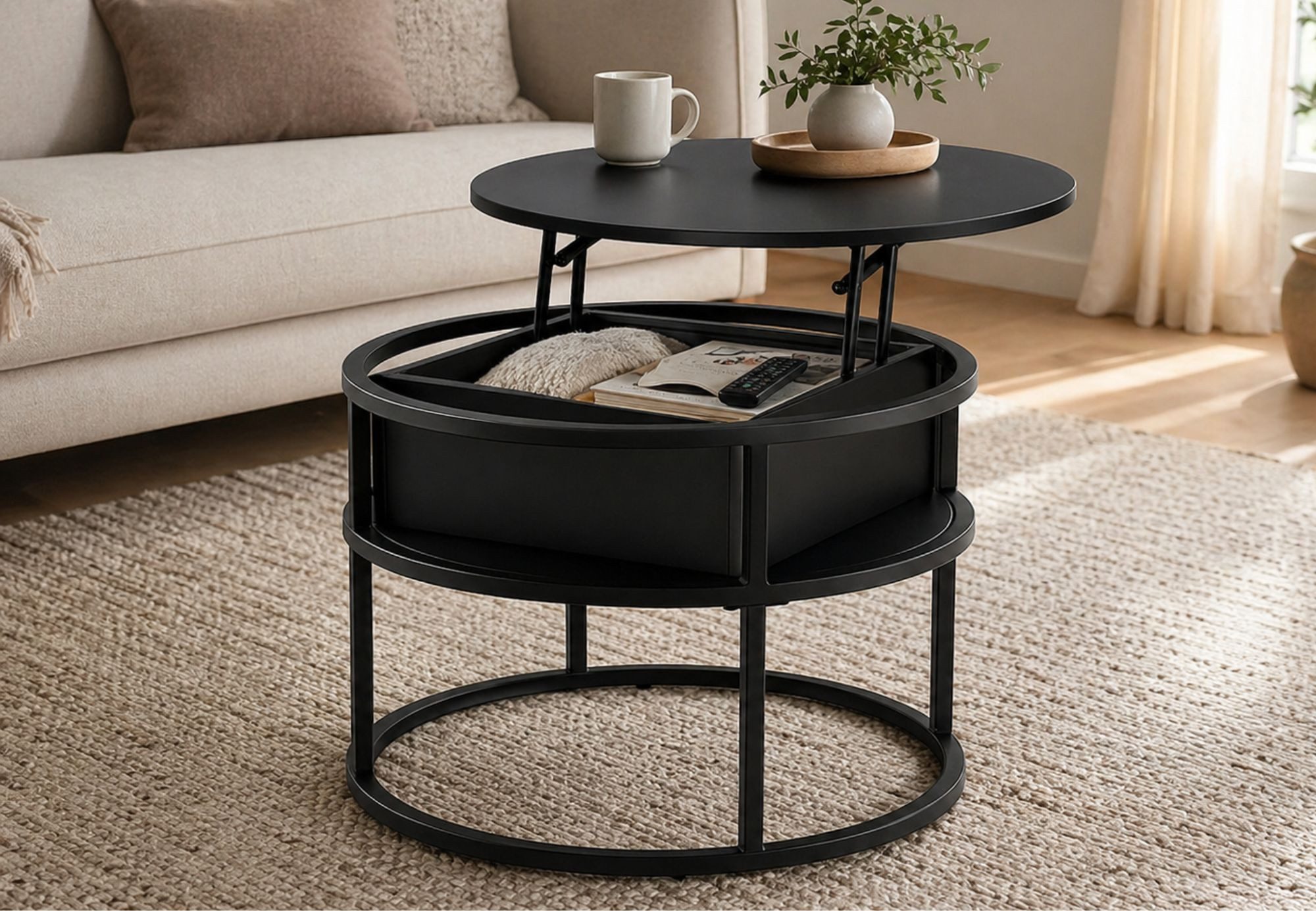 Home Collective Couchtisch Beistelltisch rund 60cm Wohnzimmertisch höhenverstellbar mit Stauraum (ideal als Büro Ablagetisch oder als Wohnzimmer Deko), hochwertiges Design mit Metallgestell, mit integriertem Fach, schwarz