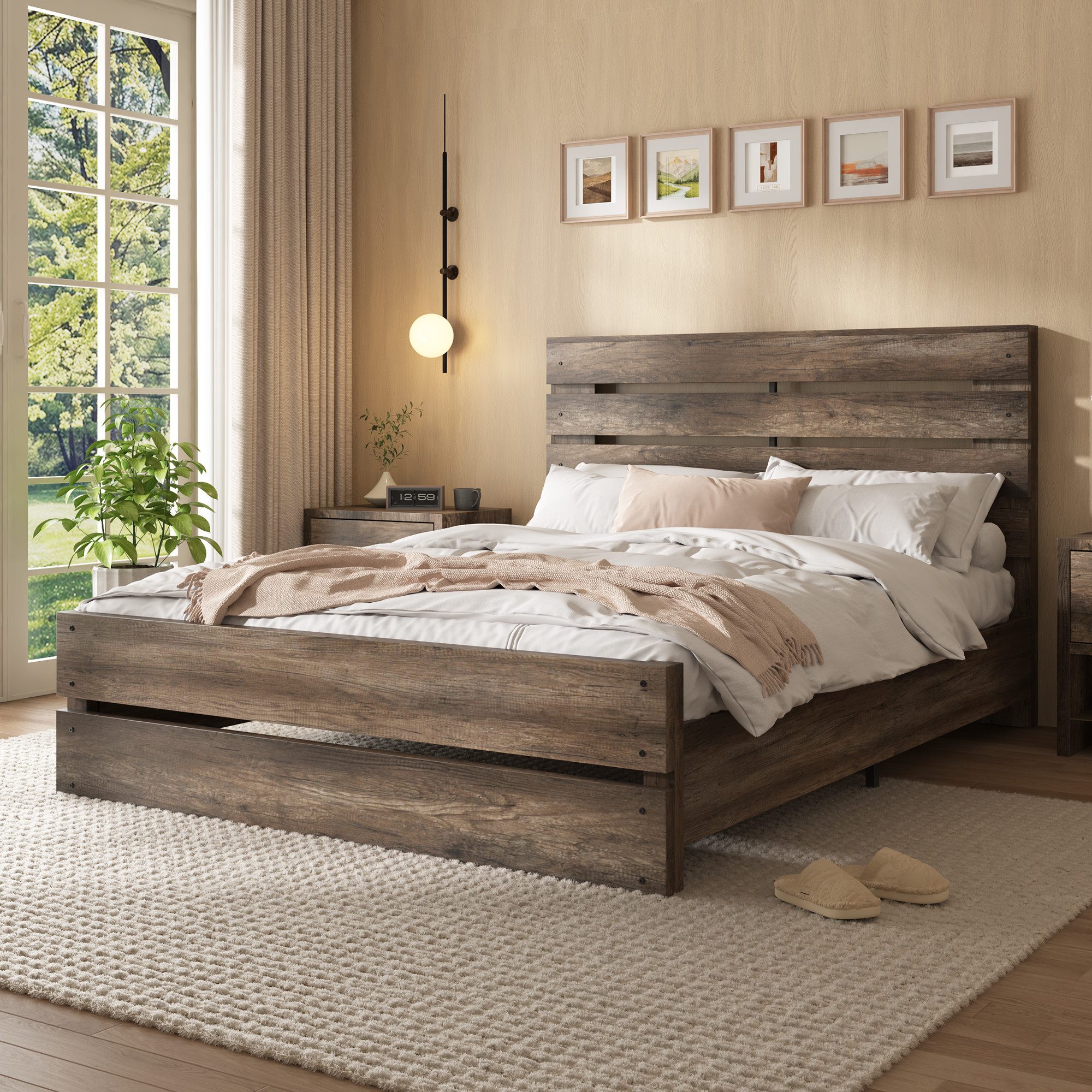 AMERLIFE Bettgestell mit Kopfteil, Holzoptik, Bettgestell 180x200 & 160x200 (1-tlg), natur geölt, aus Eiche Massivholz, 140x200 cm, Graubraun