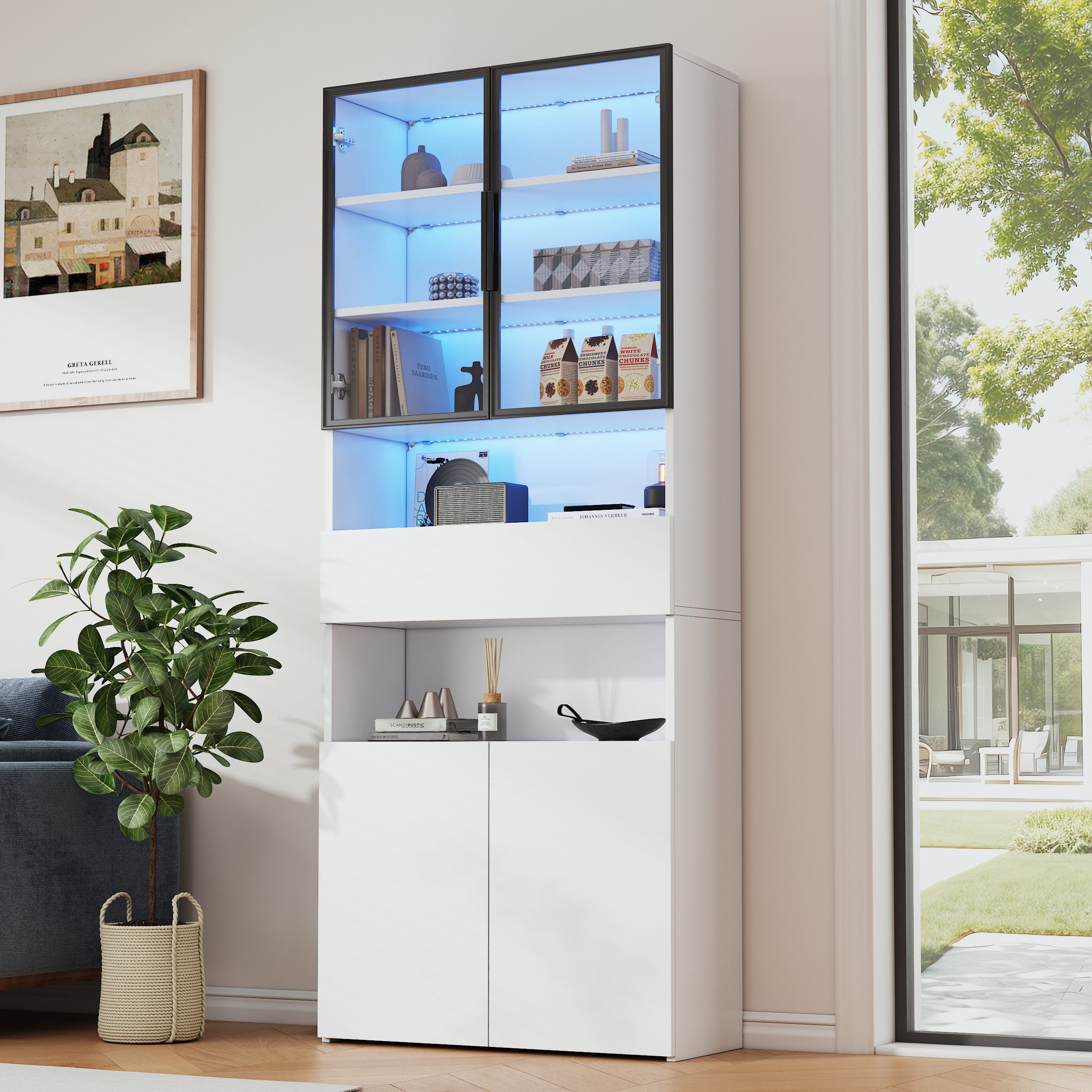 Merax Glasvitrine schmal Standvitrine mit LED und Aluminiumrahmen Glastüren (70x30x200cm, 1-St., Hochschrank Standregal Schrank) Vitrine mit offenen Ablageflächen, Schubladen Glastüren & Stauraum