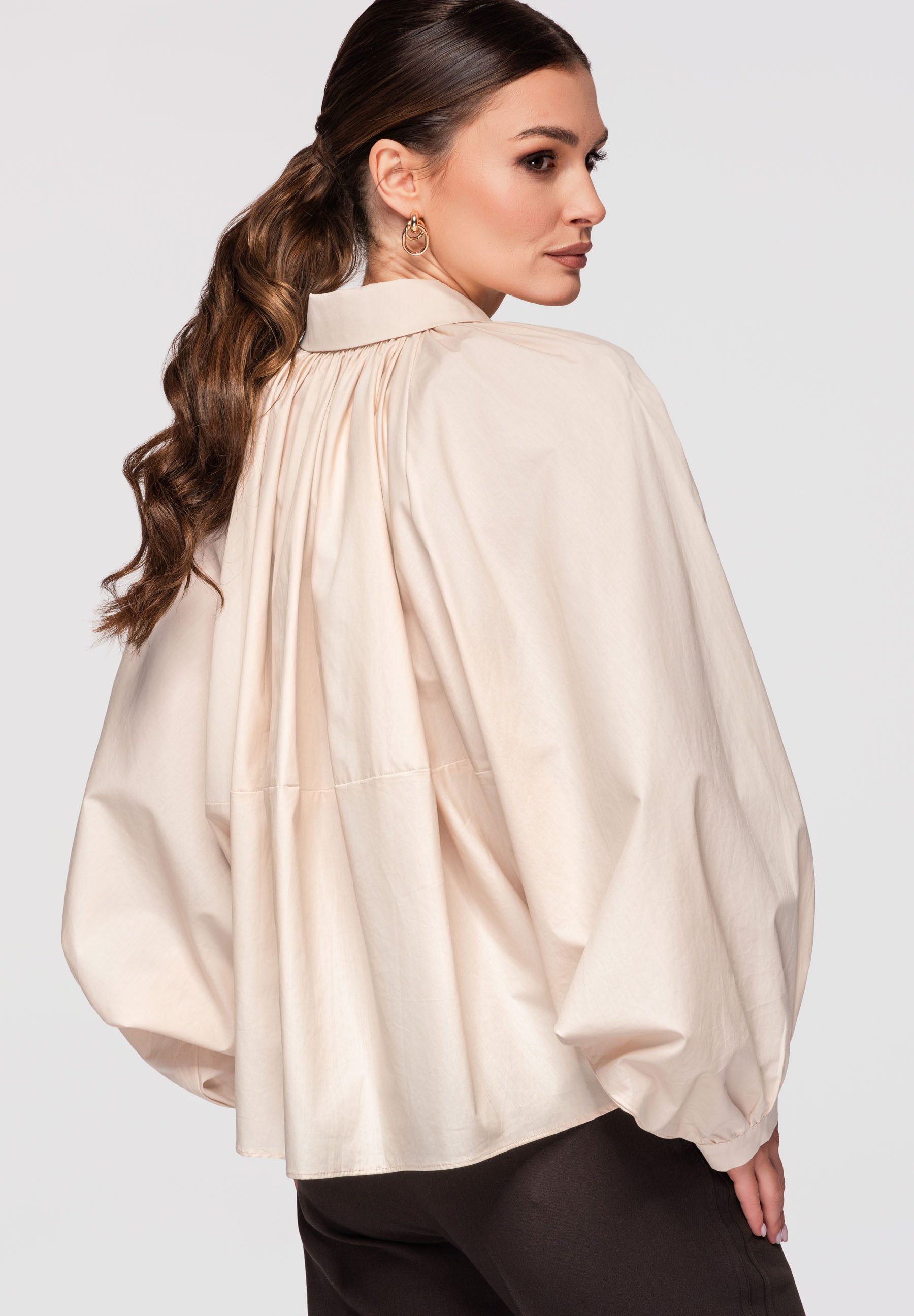 OMBRE Hemdbluse Damen Oversize Baumwollbluse mit Langarm Beige ONESIZE (kein Set, 1-tlg) Oversize-Passform, elastische Abschlüsse