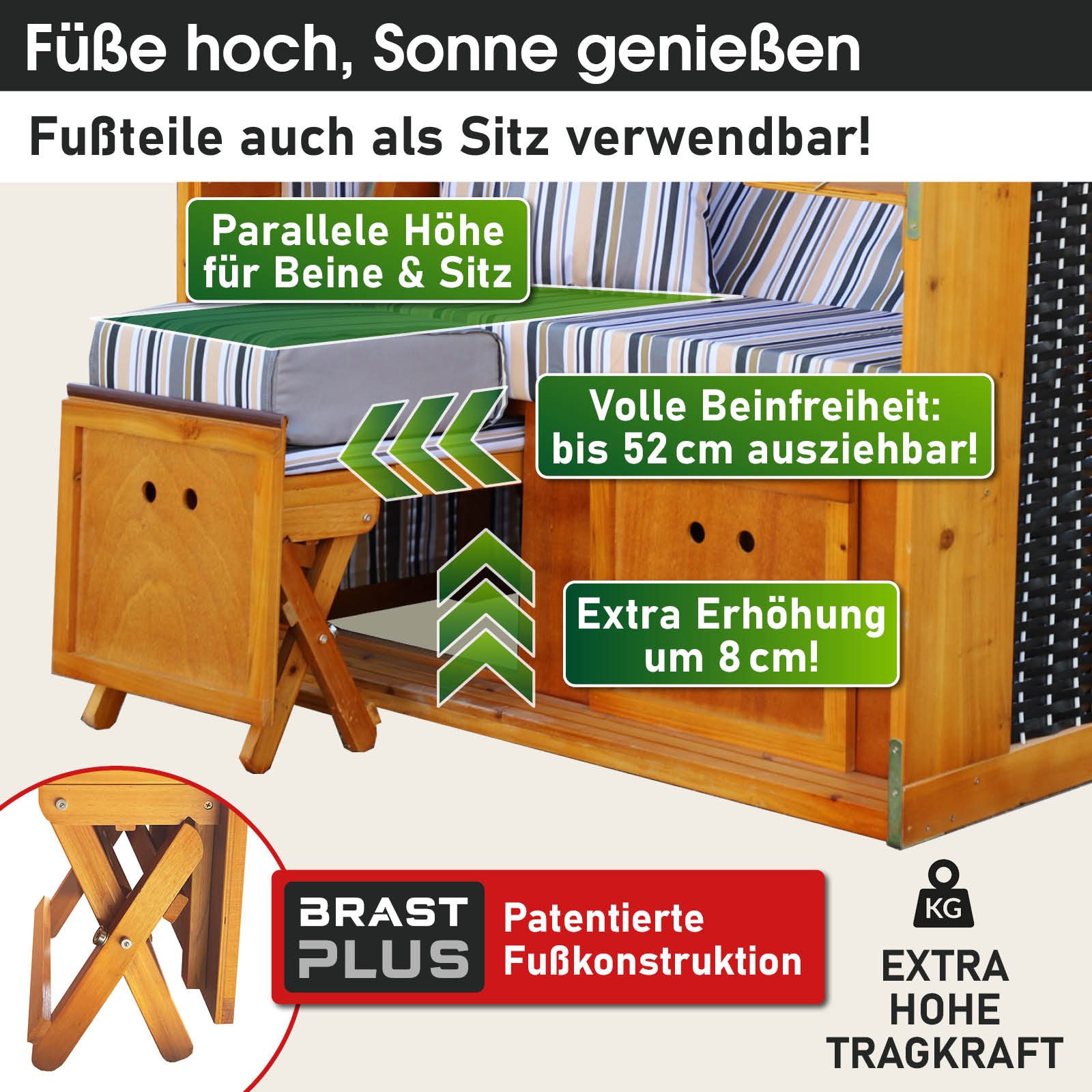 BRAST Strandkorb für 2 Personen, 120cm breit, 5 Designs, BxTxH: 120x79x150 cm, Volllieger, Rügen Deluxe, (verstellbare Rückenlehne weiches Fußkissen), inkl. wetterfeste Abdeckhaube