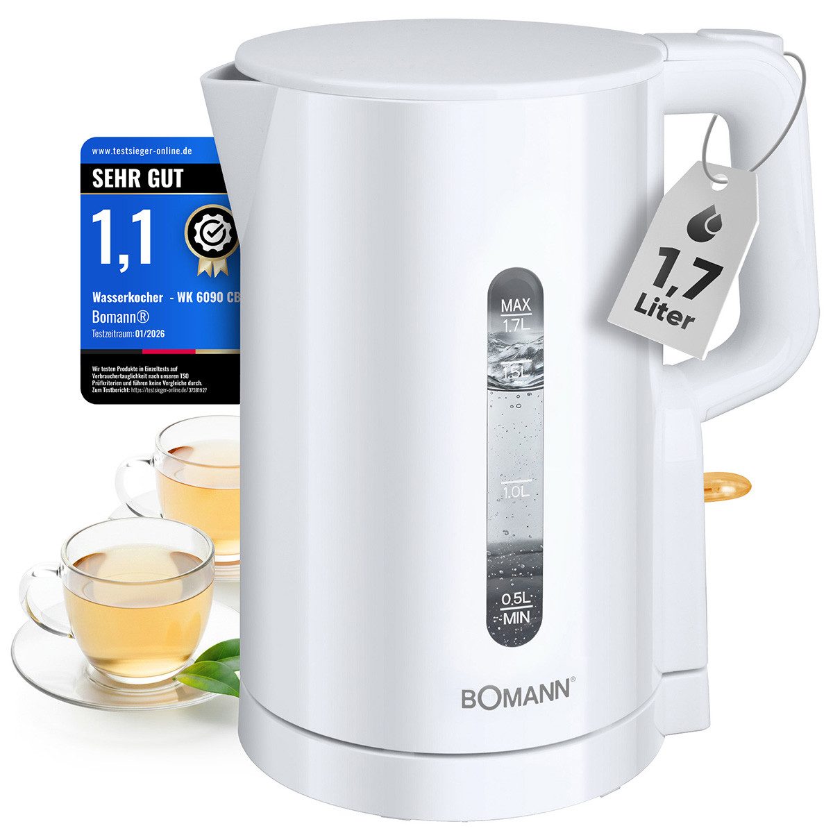 BOMANN Wasserkocher WK 6090 CB, Wasserkocher 1,7L, 2200W, Einhandbedienung