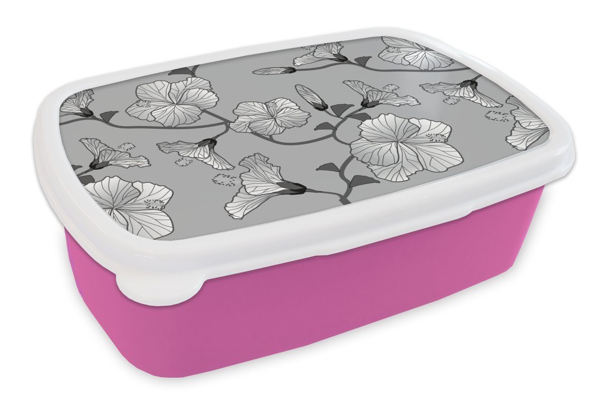 MuchoWow Lunchbox Hibiskus - Grau - Tropisch - Muster, Kunststoff, (2-tlg), Brotbox für Erwachsene, Brotdose Kinder, Snackbox, Mädchen, Kunststoff rosa