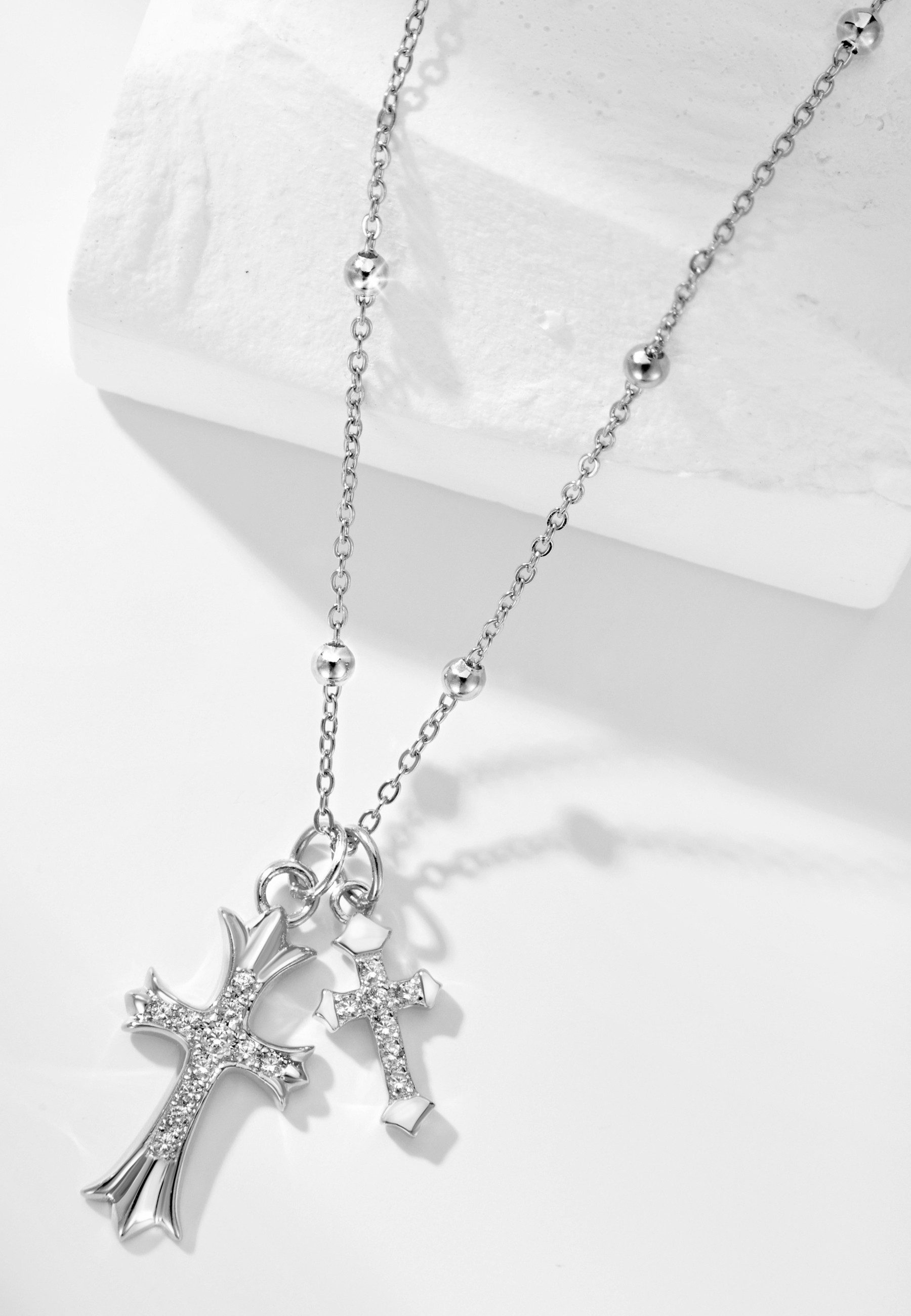 BRELLATO Kreuzkette Damen Halskette Kreuz-Anhänger, Gotik Symbol Kristall-Kreuze (Set Kugelkette mit 2 Kreuzen und Geschenk-Box-Verpackung, 3-tlg., Silber-Kette Kreuz-Collier, Geschenk Ostern Kommunion Firmung), Kreuz-Kette, Sterling Silber 925 18K Gelbgold, 5-A Zirconia