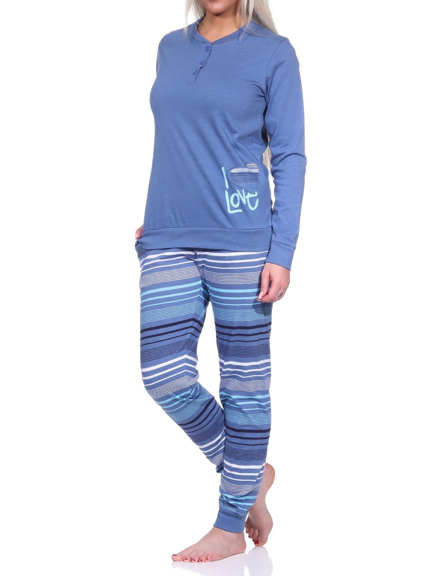 Normann Pyjama Damen Pyjama mit Bündchen und gestreifter Hose + Herzmotiv