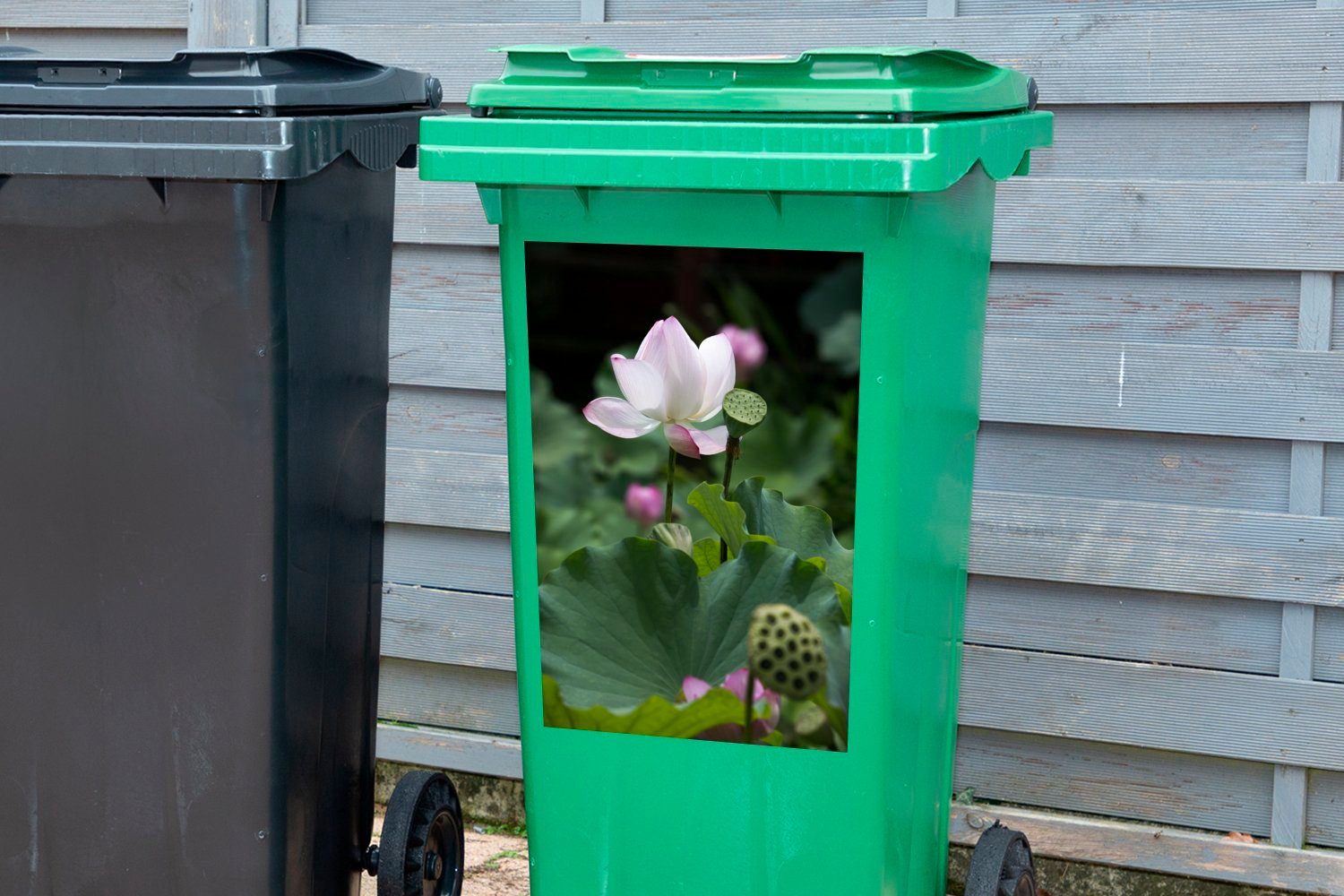 Mülltonne, Abfalbehälter Blumen Mülleimer-aufkleber, Sticker, MuchoWow anderen zwischen Wandsticker St), (1 Weißer Container, Lotos