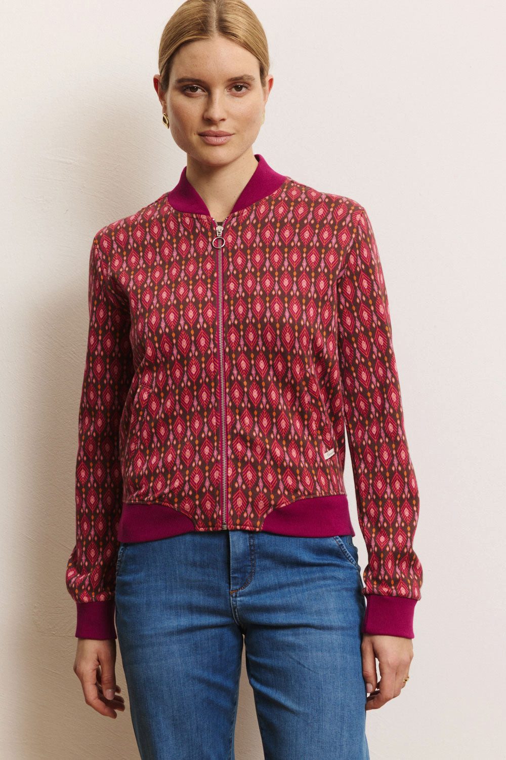 Tranquillo Blouson Damen Bimbaa GOTS-Bio-Baumwolle College-Kragen elastisches Bündchen Jacquard-Blouson-Jacke mit lockerer Passform, ungefüttert