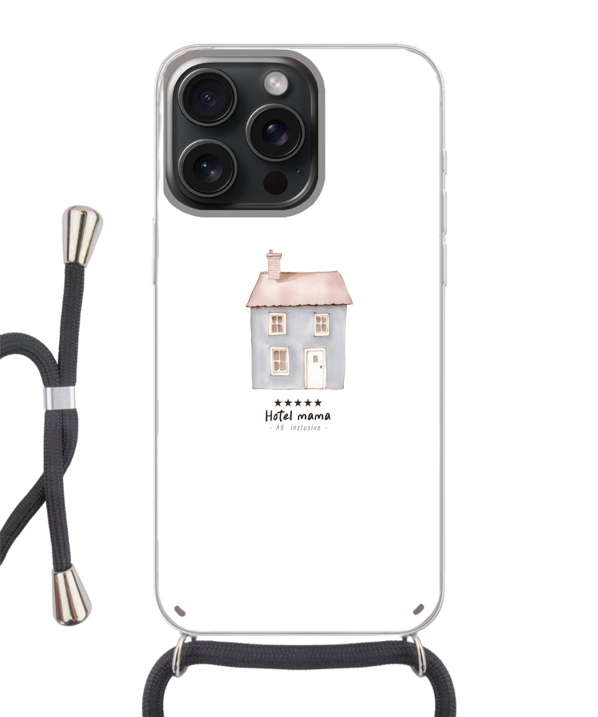 MuchoWow Handyhülle für Apple iPhone 15 Pro Max Hellblau - Haus - Mutti - Text, Tragbare Handyhüllen mit Kette zum umhängen, Handykette Handyband