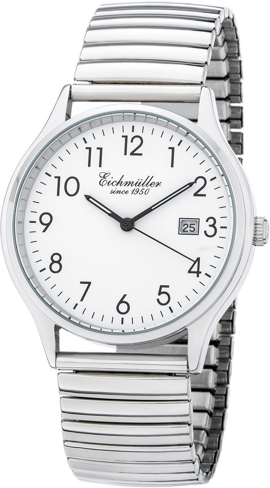 Eichmüller Quarzuhr Herrenuhr 3052/01 Silberfarbene Armbanduhr mit weißem Zifferblatt