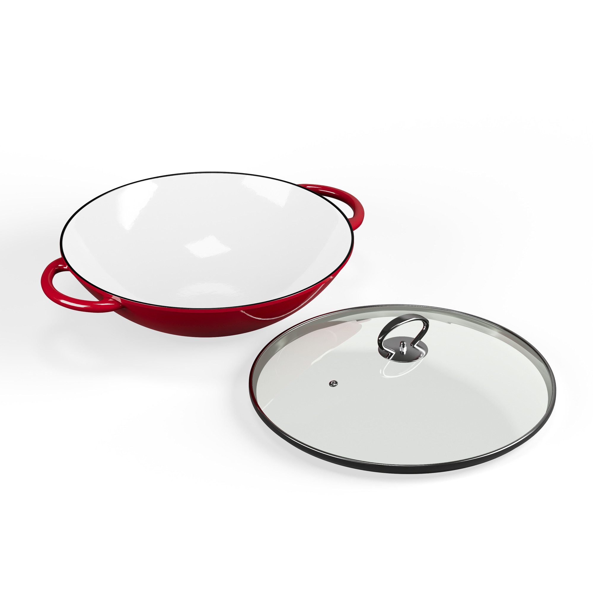 Klarstein Wok Jersey Red Cast Iron Enamel Wok, Gusseisen, Emaille und Edelstahl (Set, Wok 37 cm diameter), Wok Kochen ofenfest induktion Gas Elektro Gusseisen