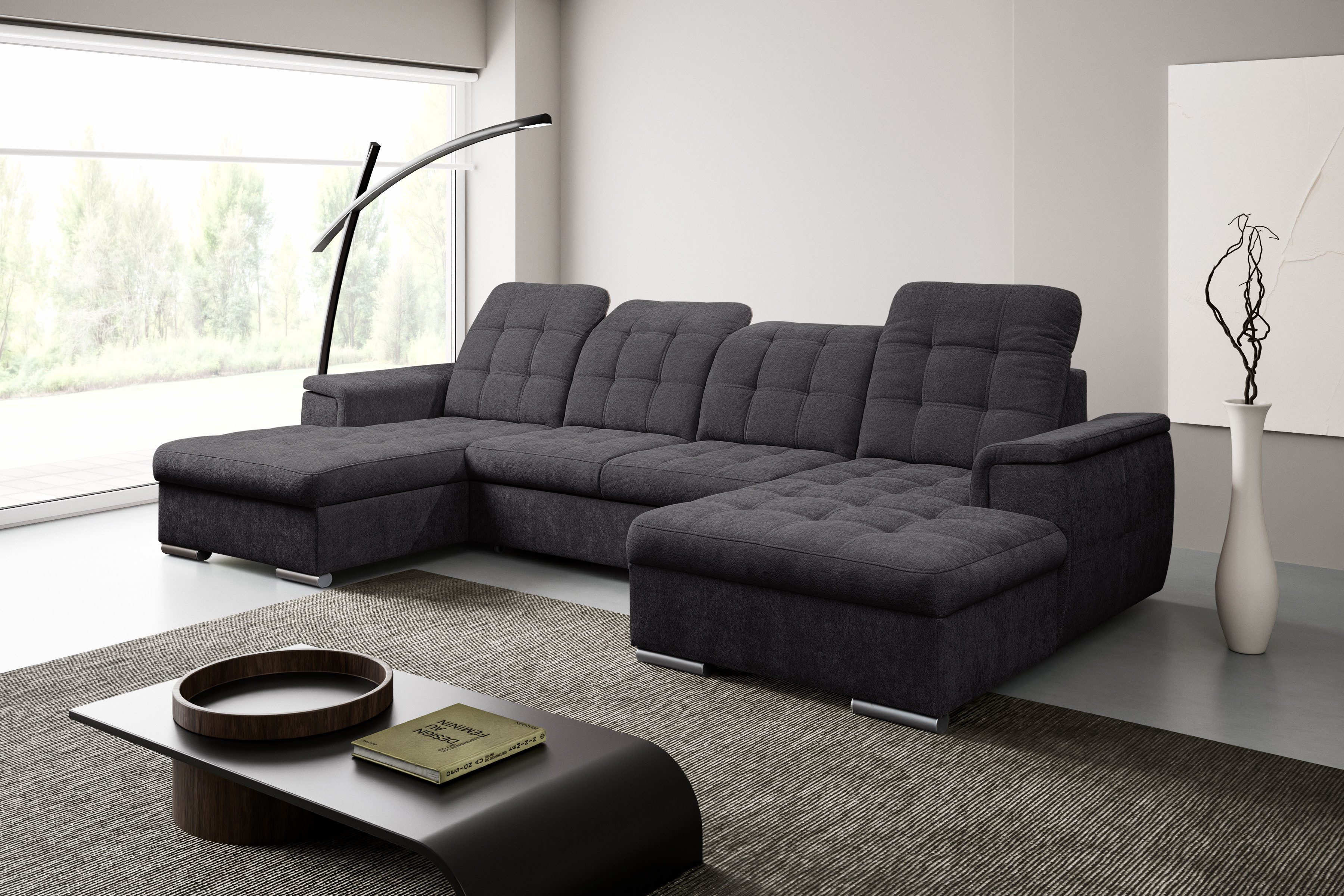 WERK2 Wohnlandschaft Napoli 330 x 174 cm zeitlos modern und bequem, U-Form, XXL, Schlaffunktion, Bettkasten, verstellbare Kopfteile