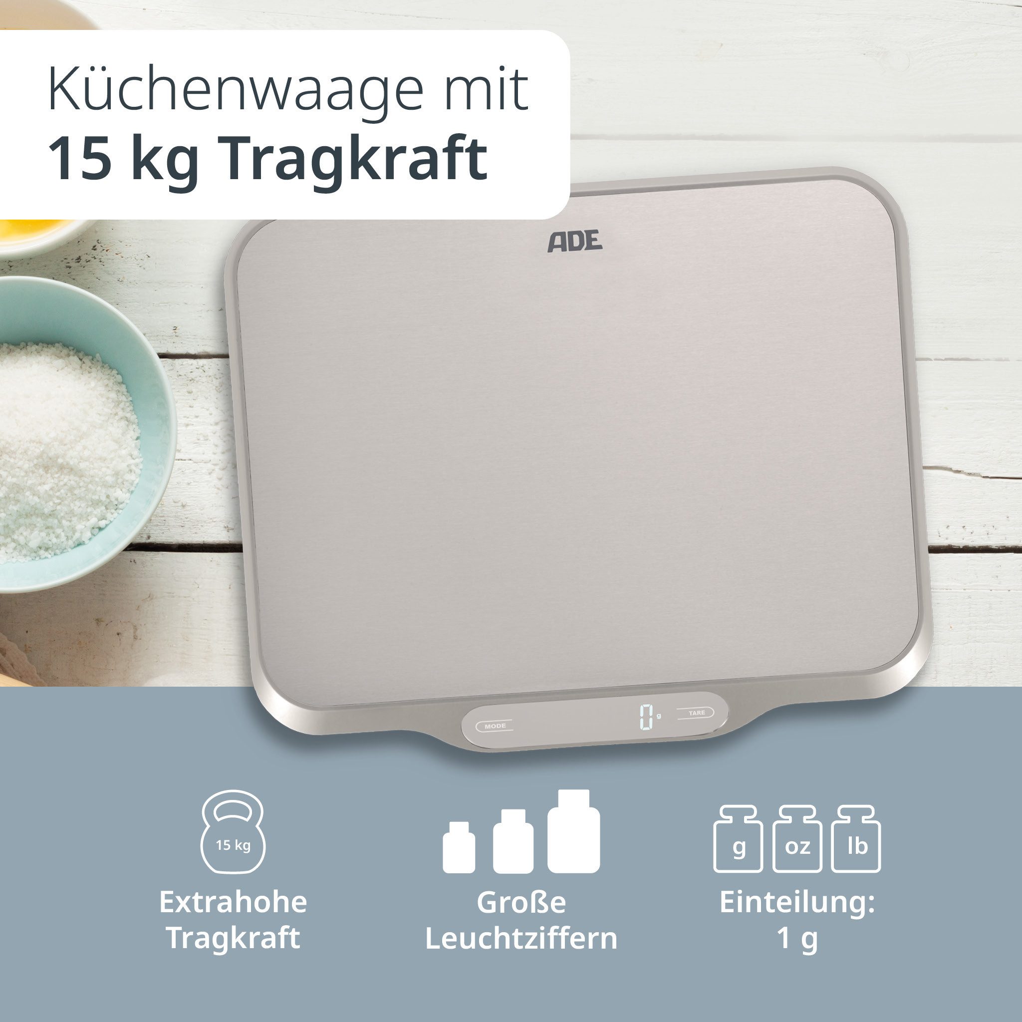 ADE Küchenwaage Waage mit großer XXL-Wiegefläche aus Edelstahl, für präzises Wiegen bis 15kg, mit Zuwiegefunktion (Tara) und Auto-Hold