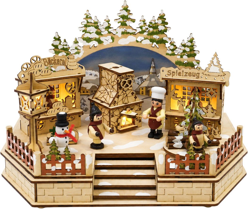 OTTO home Spieluhr, (1-tlg), Weihnachtsdorf aus Holz mit LED, Gratis-Hänger, 6h-Lichttimer