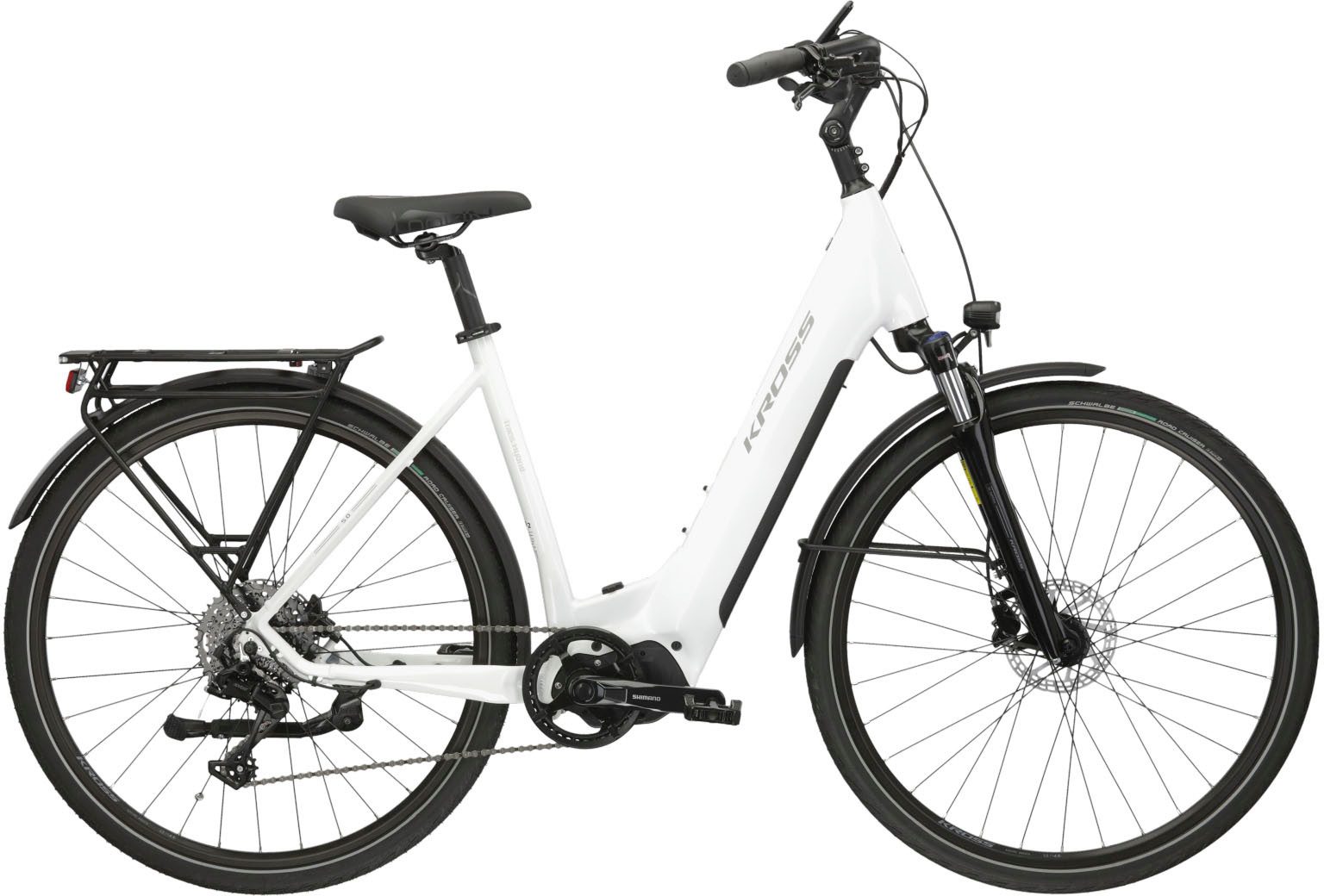 Kross E-Bike Trekkingrad KROSS E-Trekkingrad Trans 5.0 28" weiß 9 Gänge, 9 Gang microSHIFT ADVENT M619 Schaltwerk, Kettenschaltung, Mittelmotor, 630 Wh, Pedelec, Elektrofahrrad für Damen und Herren