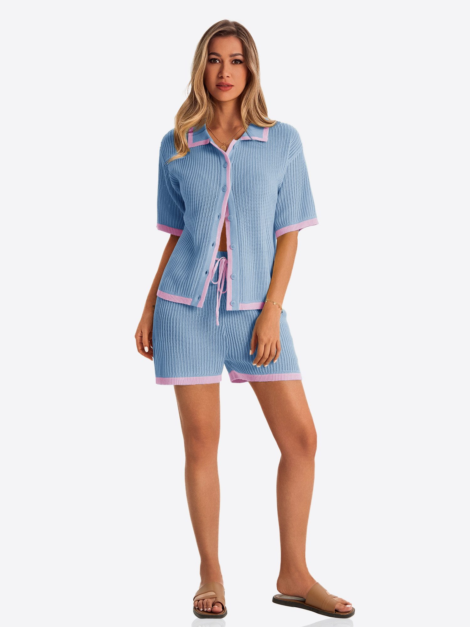 Imily Bela Hausanzug Damen Häkel 2-teiliger Set (Set, 2 tlg., Strickjacke + Shorts) Kontrastfarbige Details – Bild 3 von 5