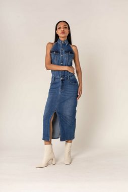 Nina Carter Shirtkleid Eleganter Neckholder Jeans Kleid Midi Rock Denim Dress (lang) 7556 in Blau
