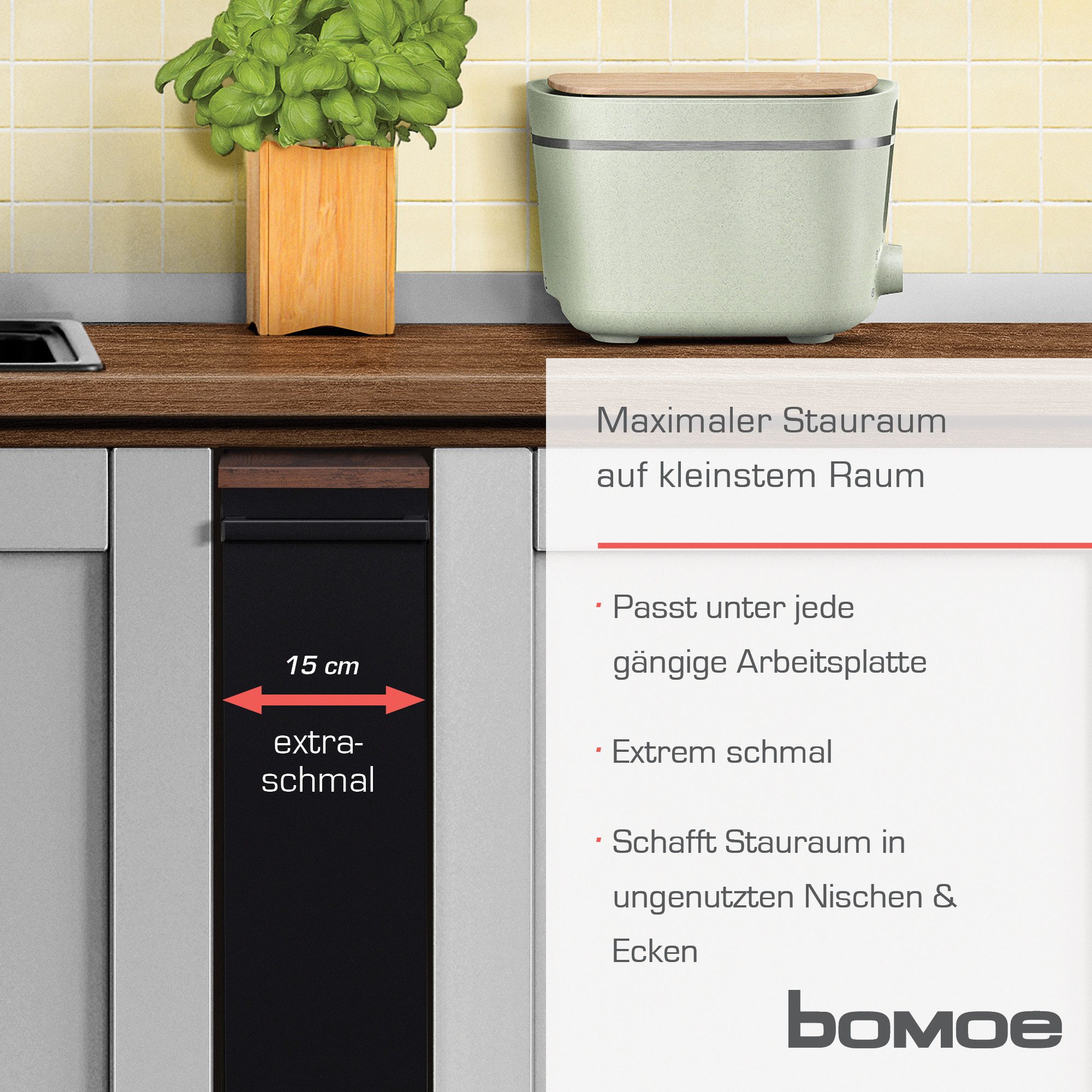 bomoe Küchenwagen Nischenregal 15cm breit Hylla, 79x50cm, Braun Schwarz, Küchenwagen Küchenregal Schmal – Rollwagen 3 Fächer & Arbeitsplatz