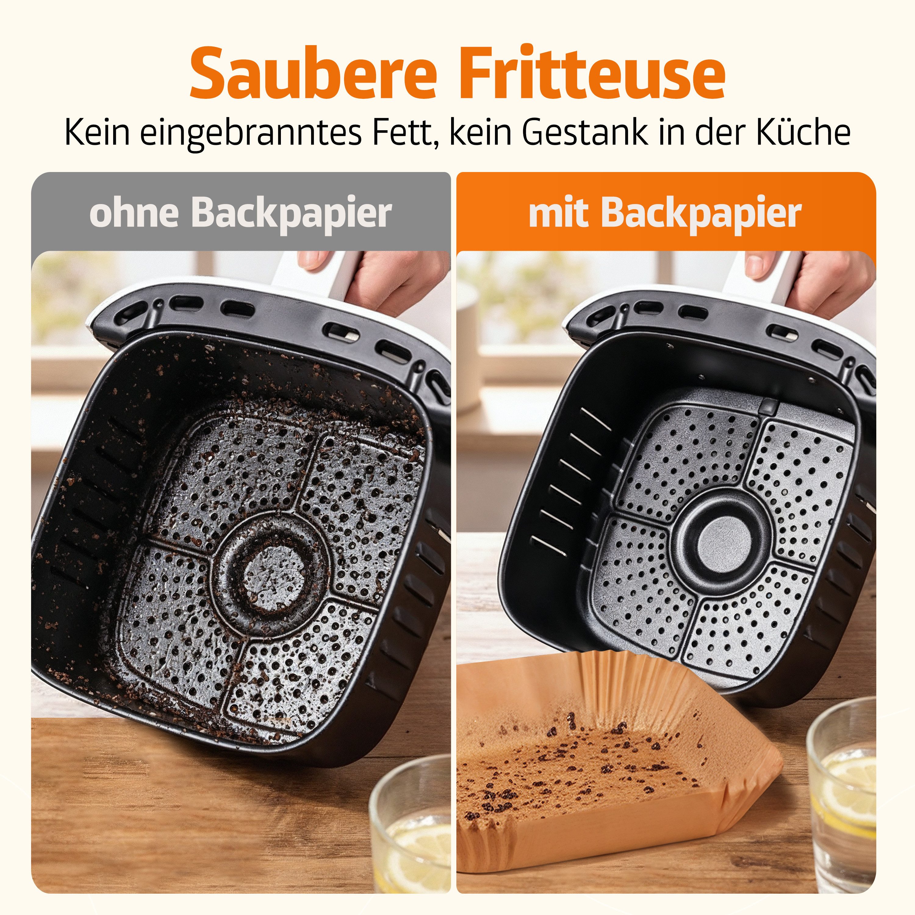 Onbest Backpapier 100 x Universal für alle AirFryer Heißluftfritteusen mit SMART BOX, 20 x 20 cm, für 4,5-8 Liter, Eckig, bis 230 °C, BPA-frei