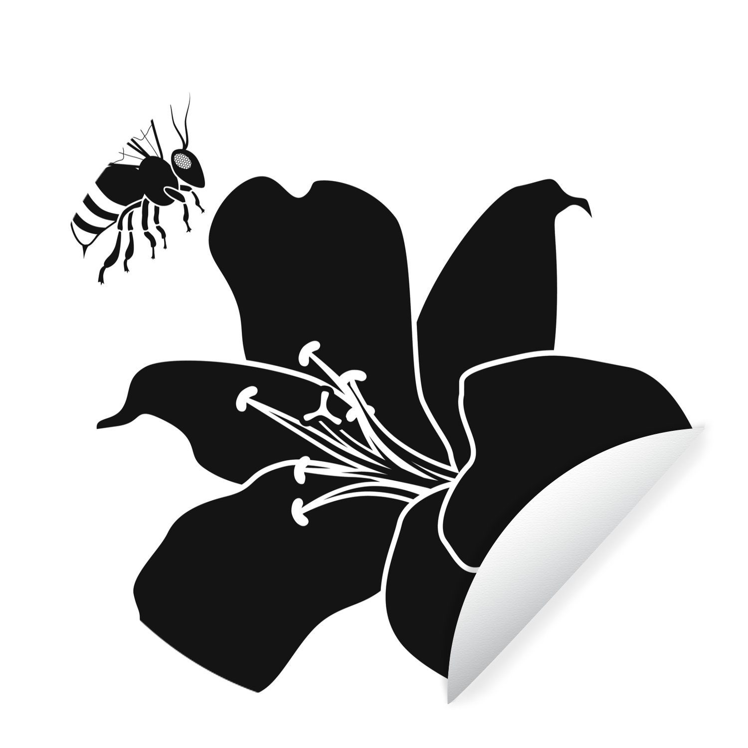 MuchoWow Wandsticker Eine schwarz-weiße Illustration einer Biene mit einer Lilie (1 St), Tapetenkreis für Kinderzimmer, Tapetenaufkleber, Rund, Wohnzimmer