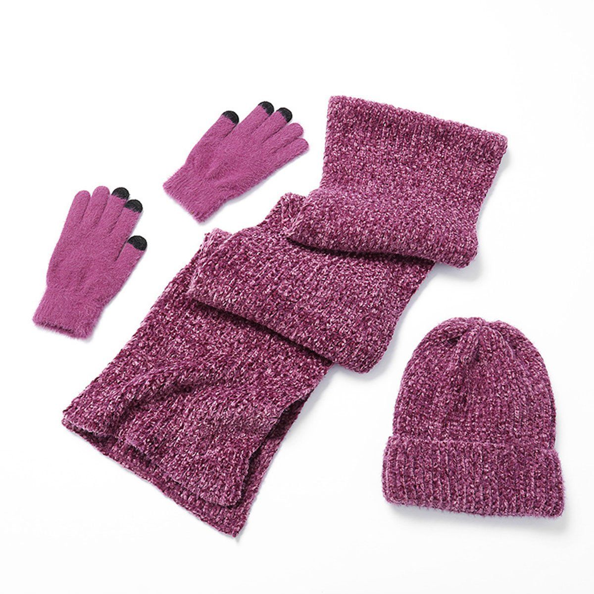 Set lila Warmes Mütze Arbeitshandschuh-Set CTGtree Set und Strickschal Handschuhe