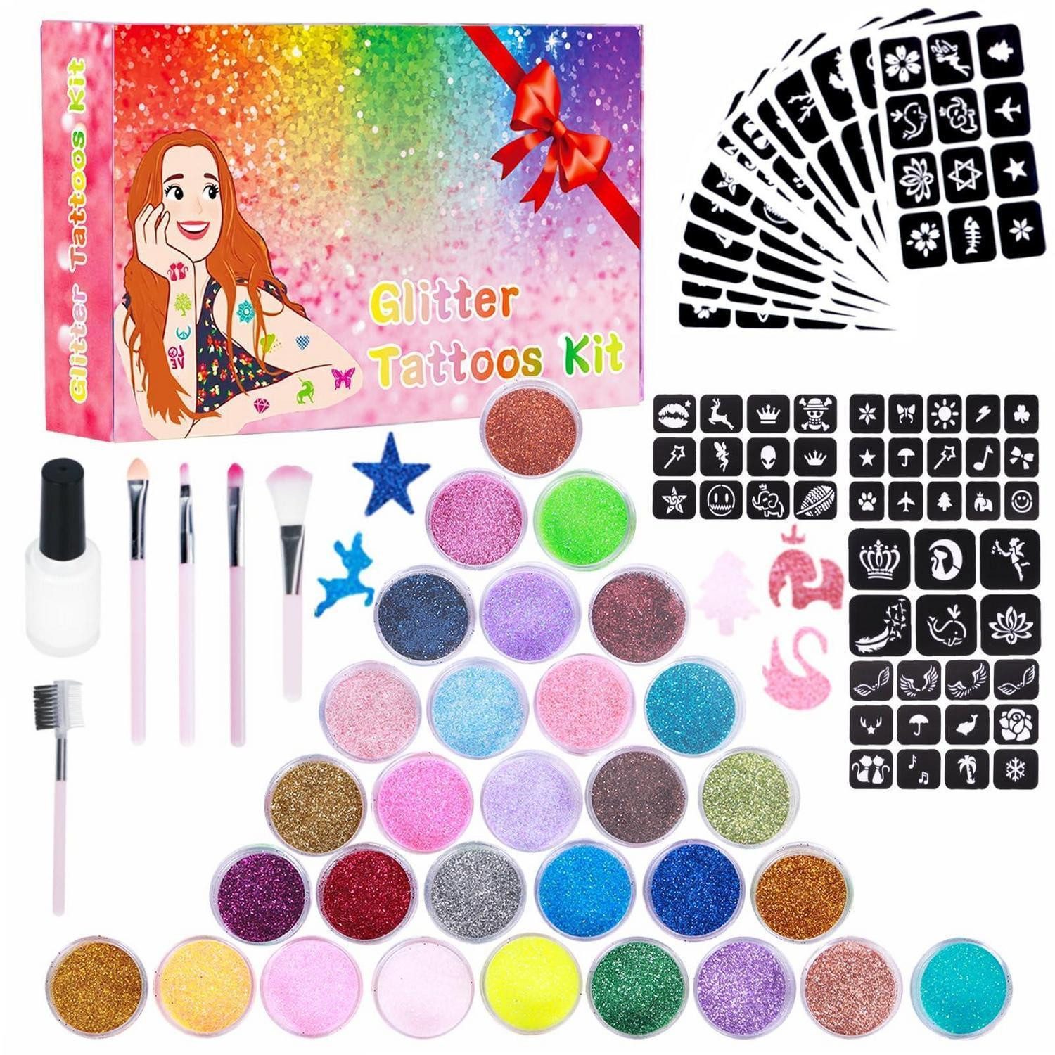 LuxusKollektion Kindertattoo Glitzer Tattoo Set Kinder 30 Farben mit 147 Schablonen
