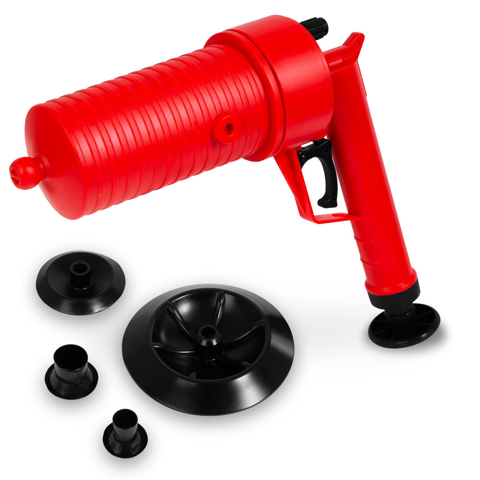 EBERTH Rohrreinigungspumpe Pressluft Rohrreiniger zur effektiven Reinigung von Waschbecken, Abflussreiniger Pressluft Pistole, 4 Aufsätze Ø 4,5-20 cm