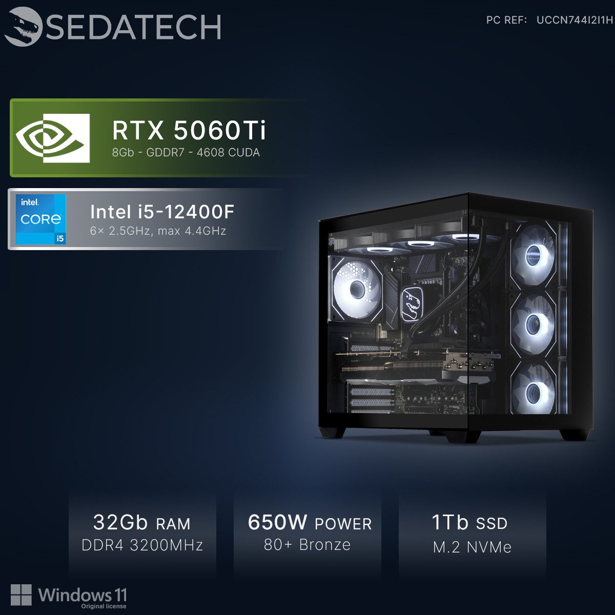 Sedatech UCCN744I2I1HF - Watercooling Gaming-PC (Intel Core i5 12400F 6x 2.5GHz (max 4.4GHz), Geforce RTX5060Ti 8GB, 32 GB RAM, 1000 GB SSD, Watercooling, Wlan 6)