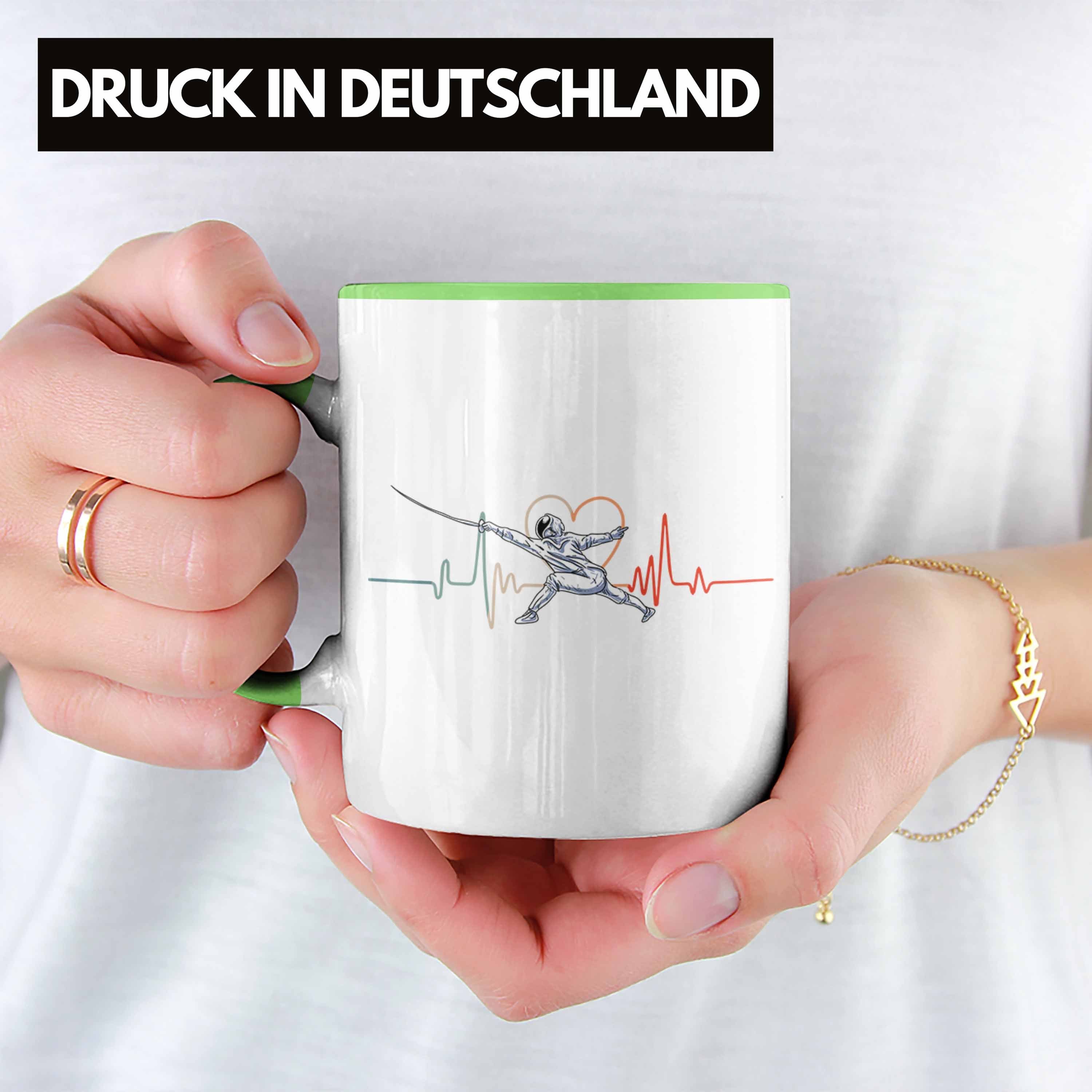 Trendation Tasse Lustige Fechten-Tasse Geschenk für Fechter Herzschlag Grün